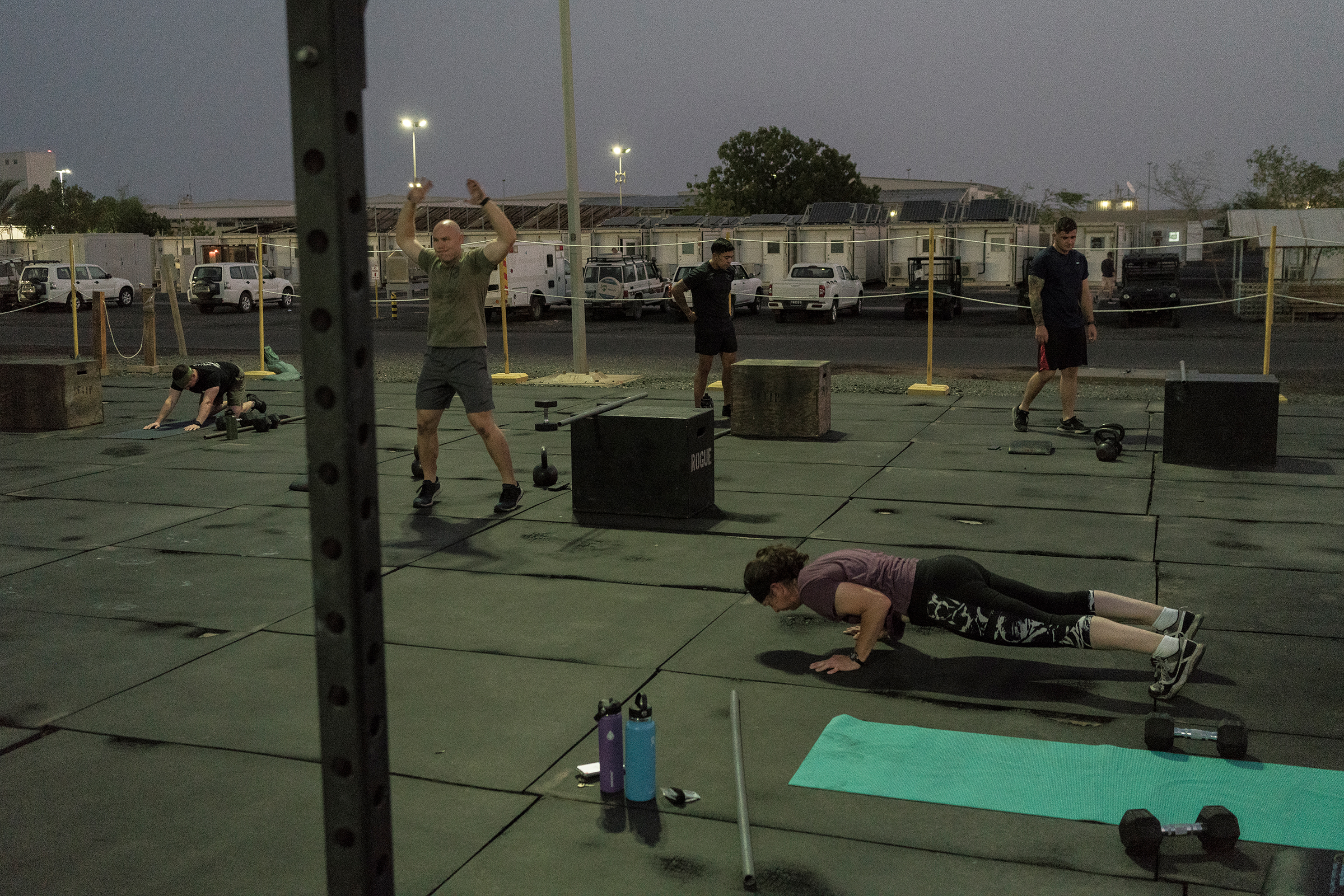 A morning exercise session at the base.