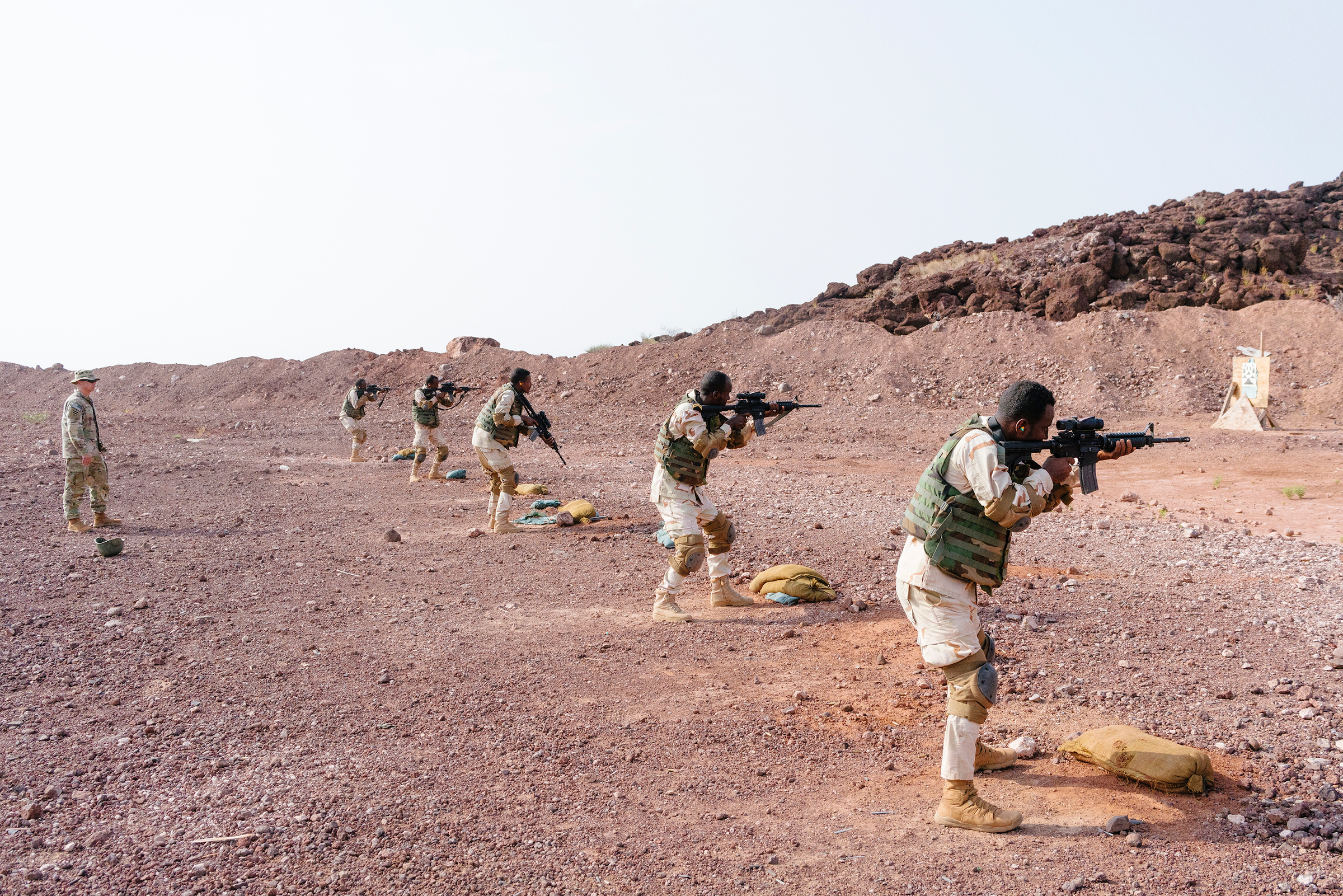 U.S. soldiers oversee marksmanship training of the Djiboutian Bataillon d’Intervention Rapide, an infantry unit equipped with American weaponry.