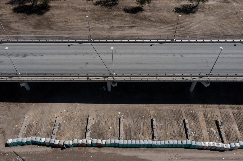 In this drone image, the makeshift migrant border camp near the Del Rio International Bridge is seen after it was cleared, on Sept. 24.