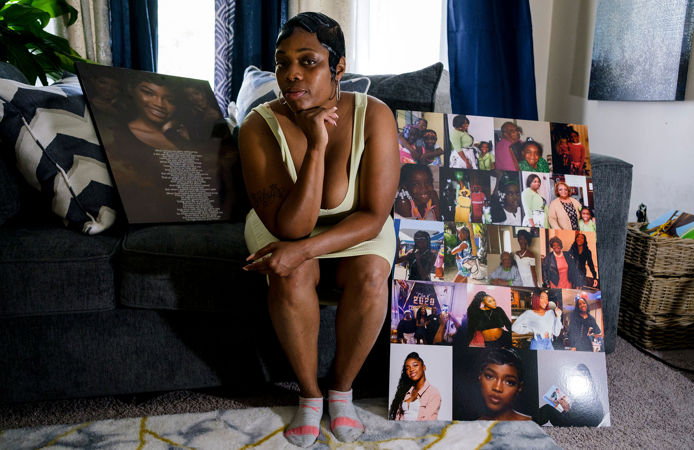 Kai Cooks, 39, at her home in Detroit, Mich., on Sept. 7, 2021. In July, Cooks lost her 18-year-old daughter TiKiya Allen, who was riding her bicycle when she was shot and killed during a drive-by shooting. (Brittany Greeson for TIME)