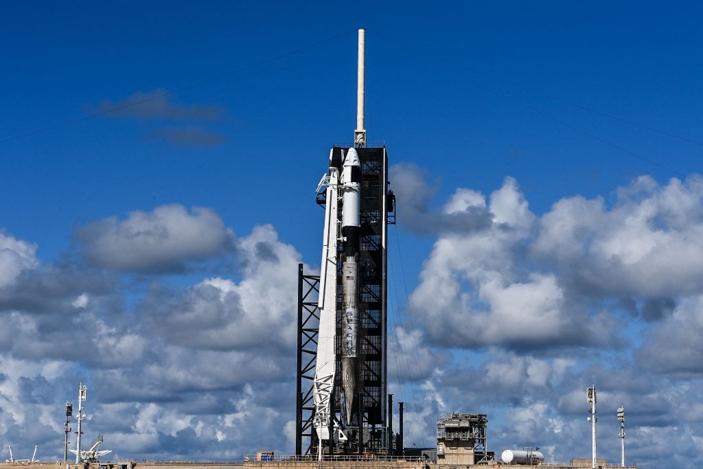 The SpaceX Falcon 9 rocket and Crew Dragon is seen sitting on launch Pad 39A at NASAs Kennedy Space Center as it is prepared for the first completely private mission to fly into orbit in Cape Canaveral, Florida on September 15, 2021.