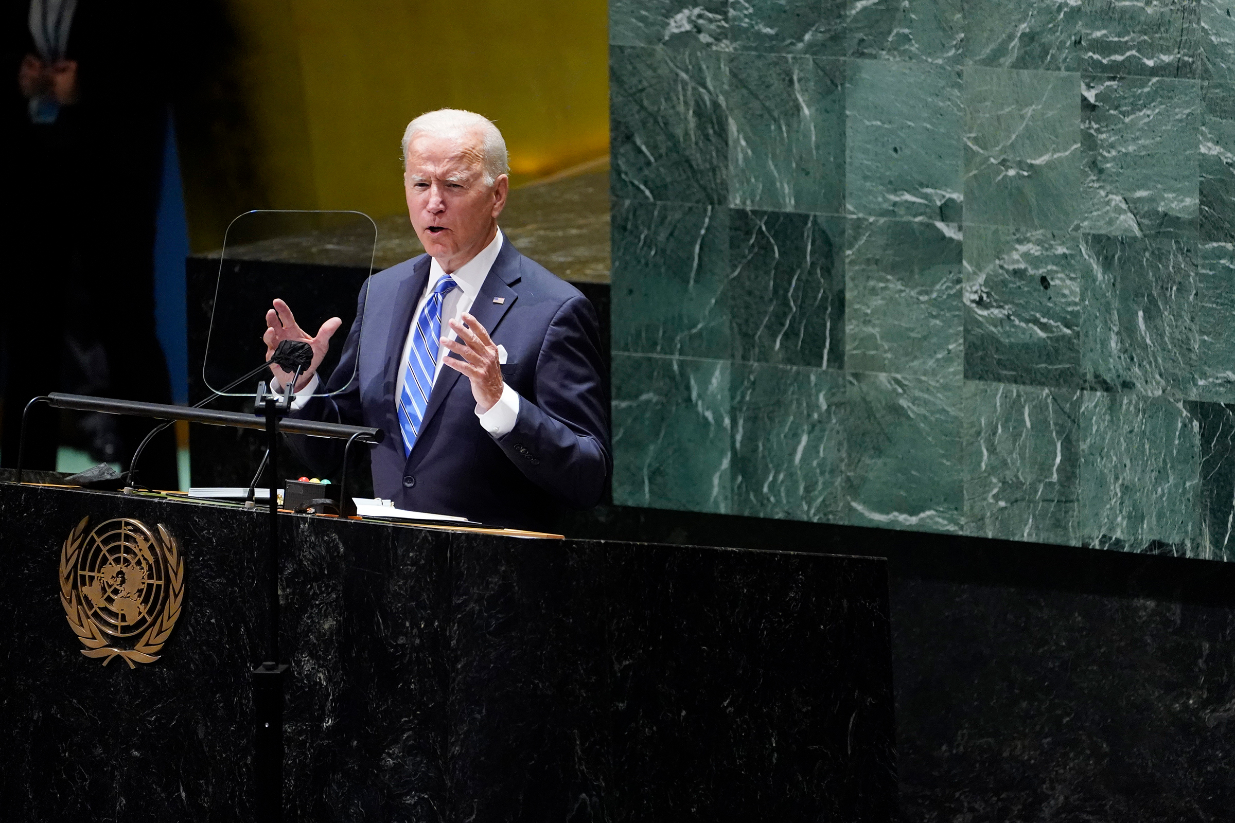 President Joe Biden delivers remarks to the United Nations General Assembly in New York on Sept. 21, 2021.