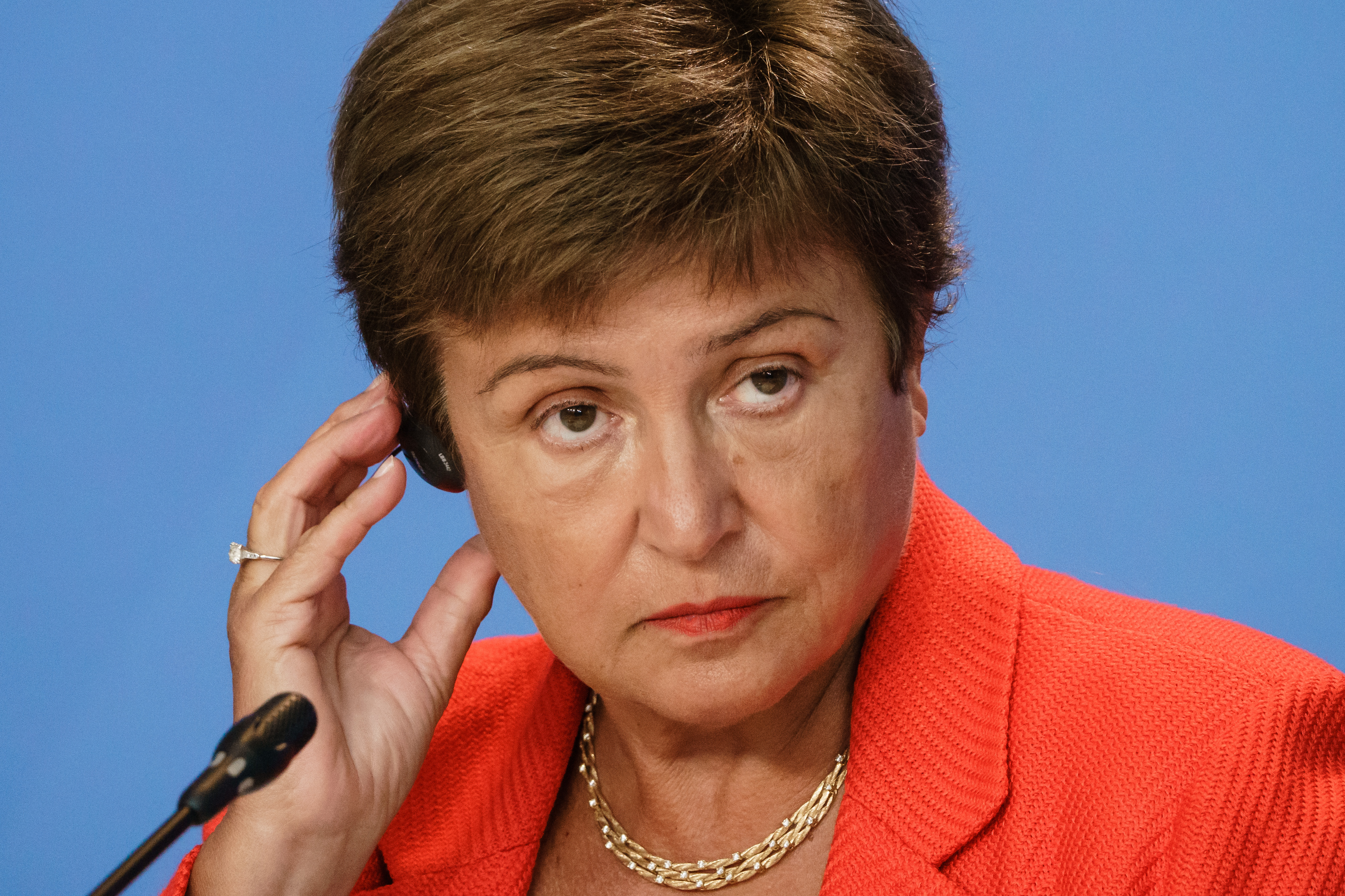 Managing Director of the International Monetary Fund (IMF) Kristalina Georgieva speaks during a press conference as the Chancellor meets with economic and financial organizations in Berlin at the German chancellery on August 26, 2021 in Berlin, Germany. (Clemens Bilan— Pool/Getty Images)