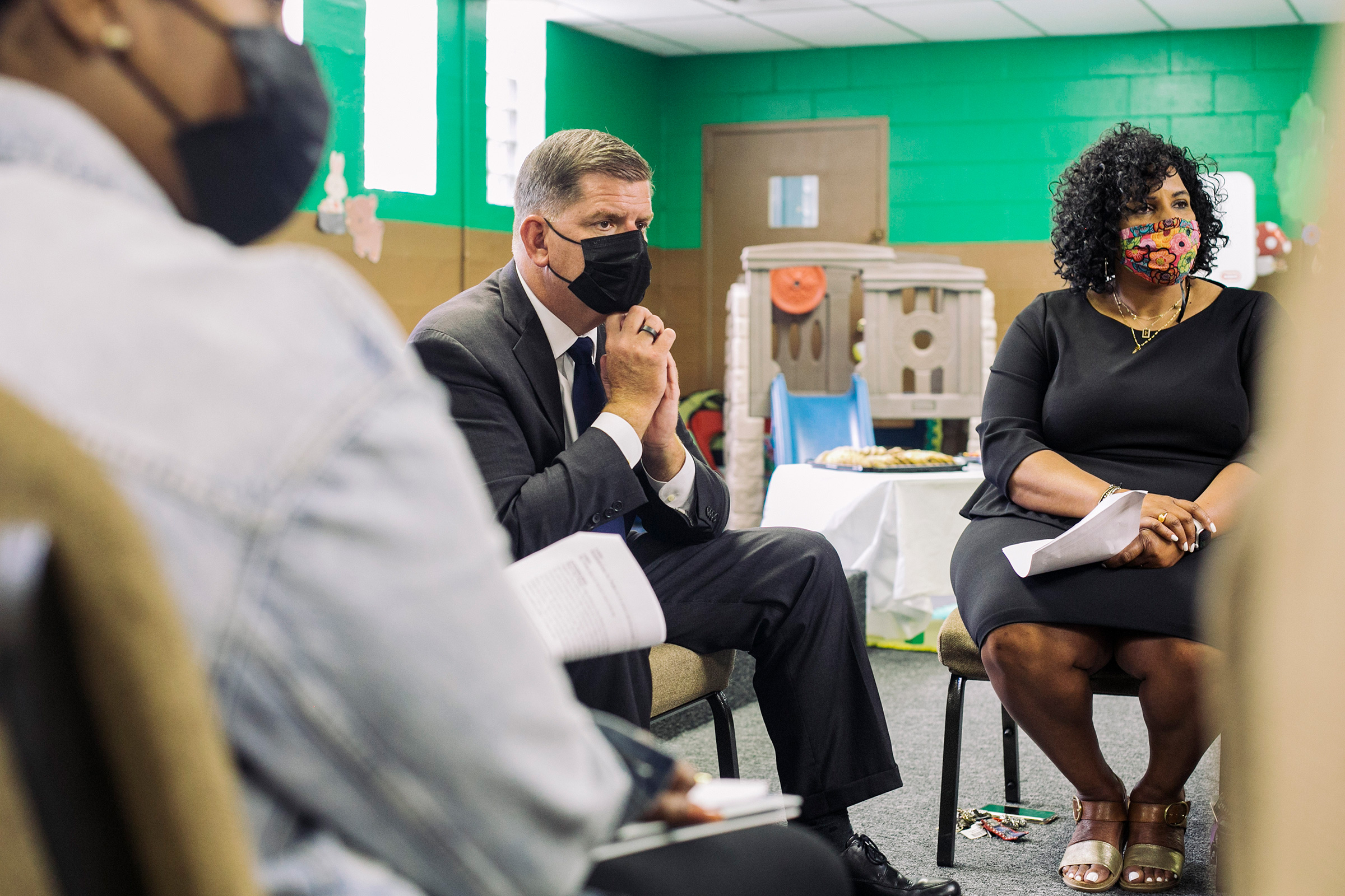 At a roundtable in a Dayton childcare center, Walsh explains the Biden Administration’s plans to support working parents. (Andrew Spear for TIME)