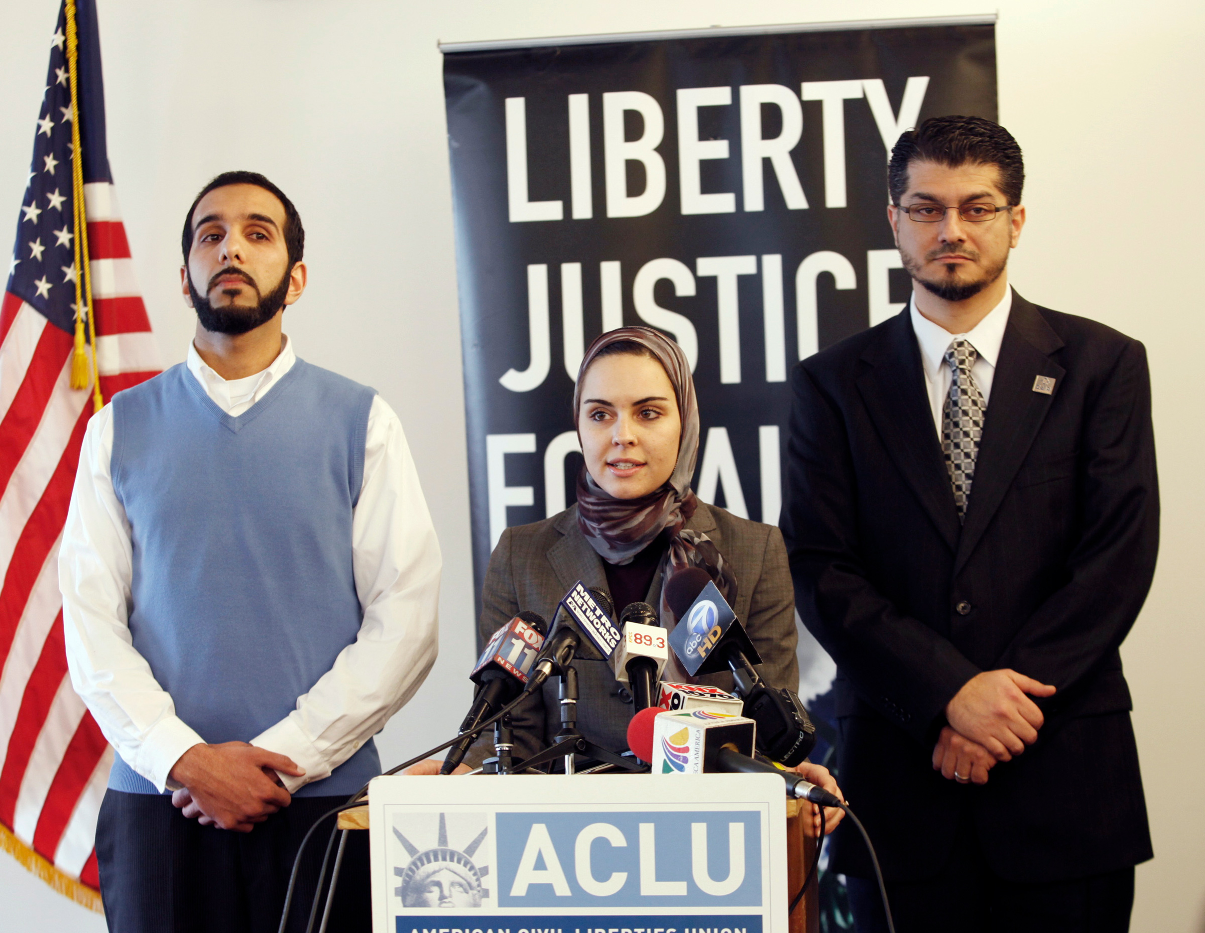 At a 2011 press conference at the ACLU Foundation of Southern California headquarters in Los Angeles, the Council of American-Islamic Relations California executive director Hussam Ayloush, right, spoke with Ali Malik and Ameena Mirza Qazi.