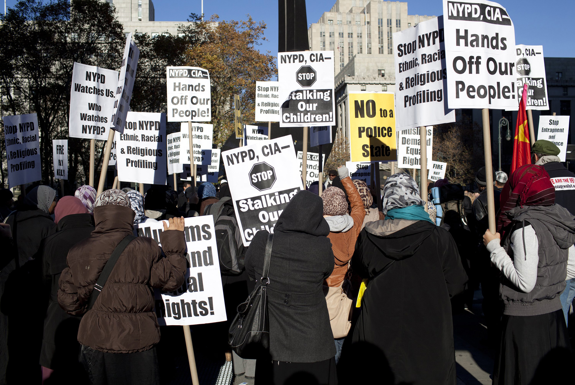 New Yorkers protest the monitoring of local Muslims and Muslim community organizations by law enforcement on Nov. 18, 2011. (Robert Nickelsberg—Getty Images)