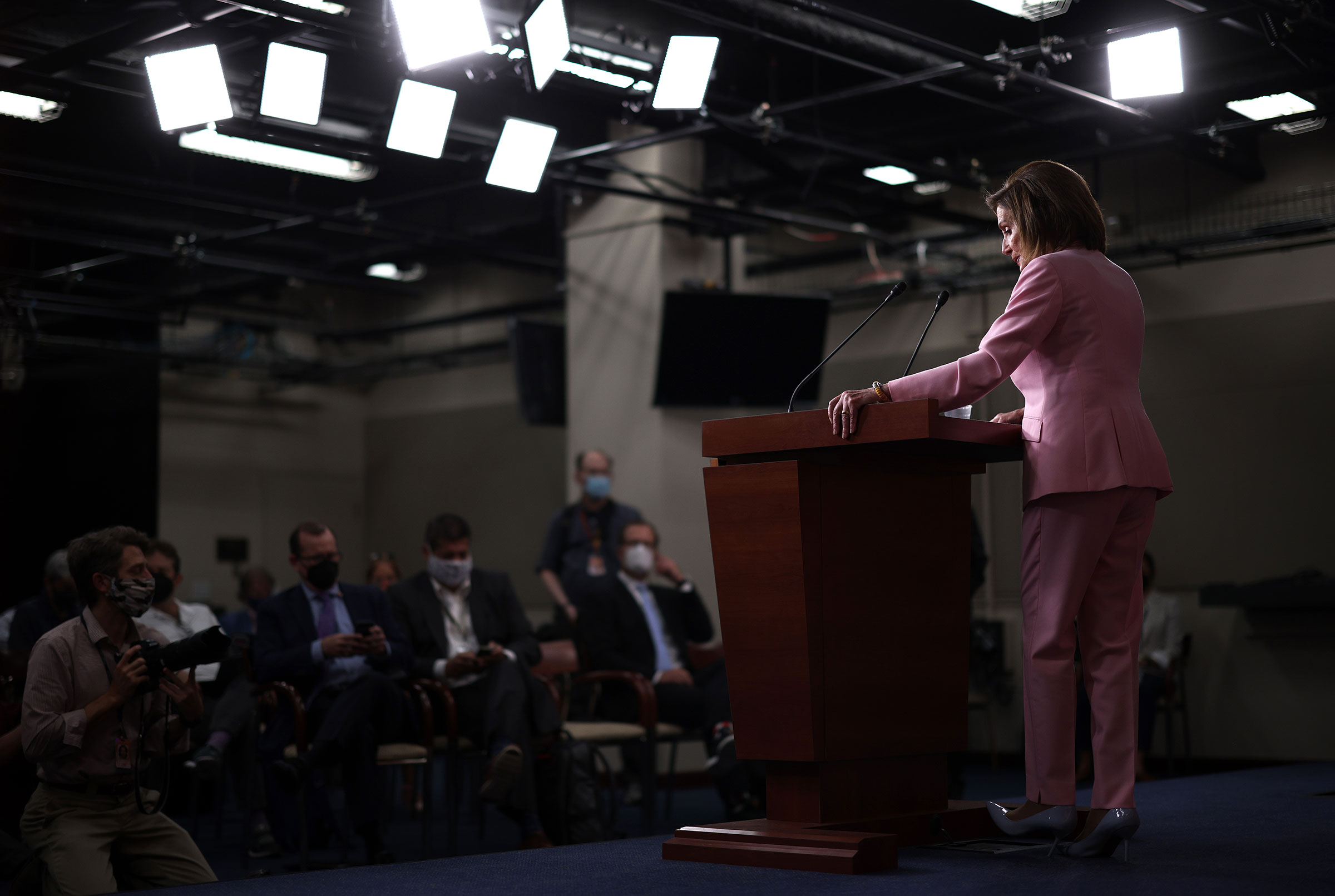 Speaker of the House Nancy Pelosi holds her weekly press conference at the Capitol on Aug. 25, 2021. (Kevin Dietsch—Getty Images)