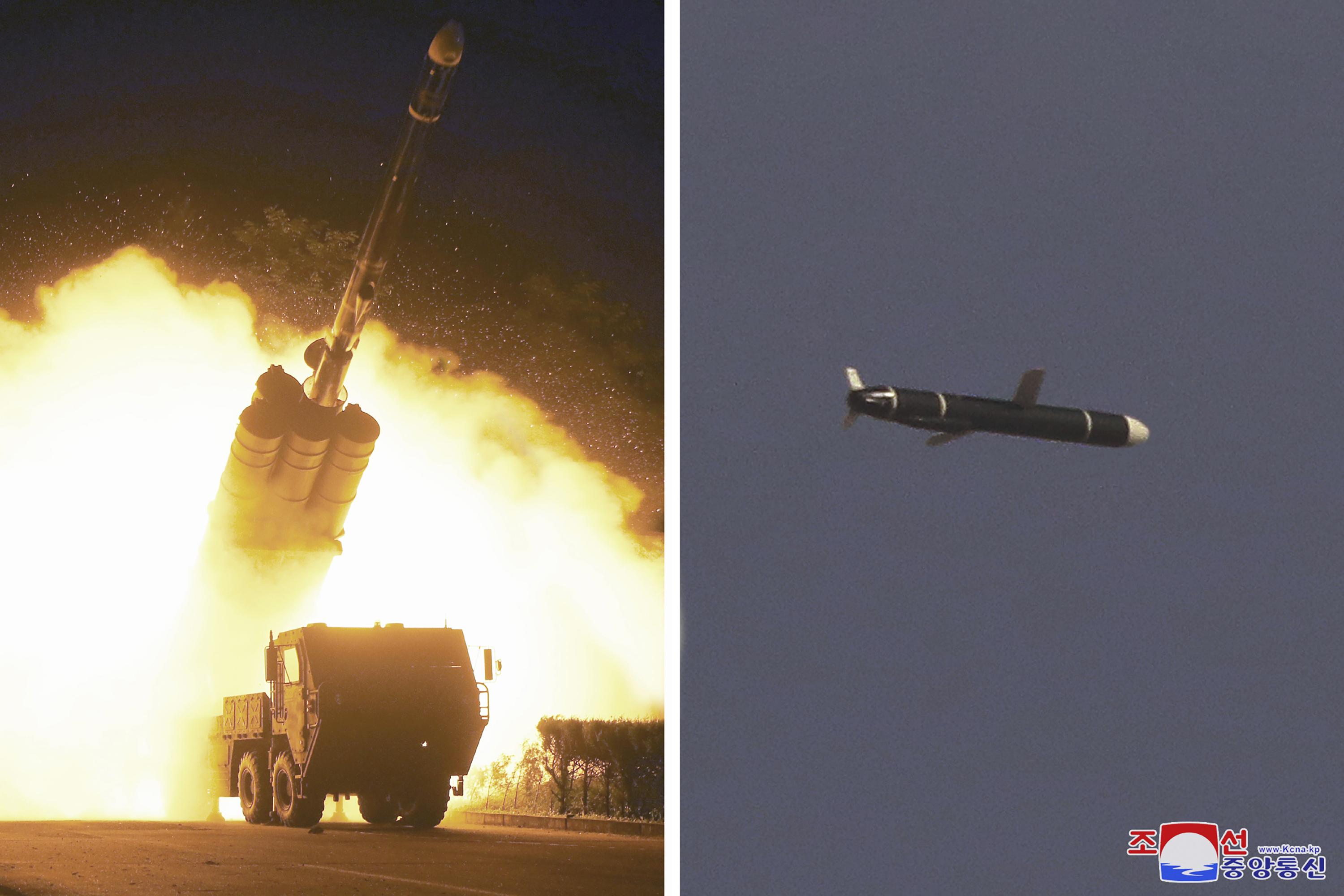 This combination of photos provided by the North Korean government on Monday, Sept. 13, 2021, shows long-range cruise missiles tests held on Sept. 11 -12, 2021 in an undisclosed location of North Korea. North Korea says it successfully test fired what it described as newly developed long-range cruise missiles over the weekend, its first known testing activity in months that underscored how it continues to expand its military capabilities amid a stalemate in nuclear negotiations with the United States. Independent journalists were not given access to cover the event depicted in this image distributed by the North Korean government. The content of this image is as provided and cannot be independently verified. Korean language watermark on image as provided by source reads: 
