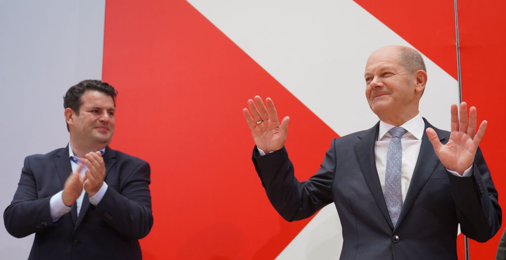 Olaf Scholz, chancellor candidate of the German Social Democrats (SPD), speaks to the media at the Federal Chancellery following the SPD's narrow win in yesterday's federal elections on Sept. 27, 2021 in Berlin, Germany. (Carstensen/Pool/Getty Images)