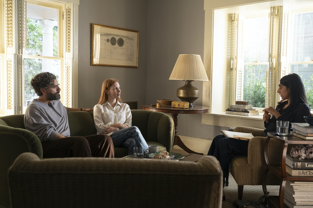 From left: Oscar Isaac, Jessica Chastain and Sunita Mani in 'Scenes From a Marriage' (Jojo Whilden/HBO)