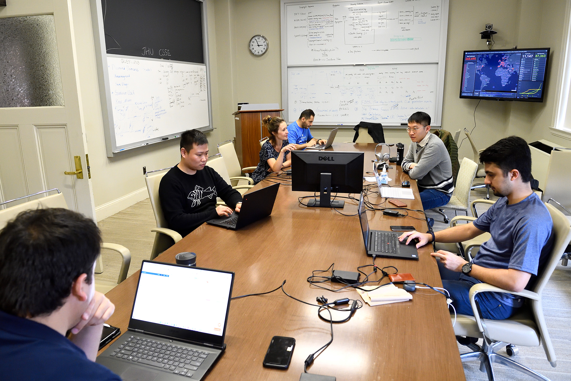 Civil engineering professor Lauren Gardner and her team work to maintain the COVID-19 dashboard, built by Gardner's team at the Center for Systems Science and Engineering (CSSE) at Johns Hopkins University. (Will Kirk—Johns Hopkins University)