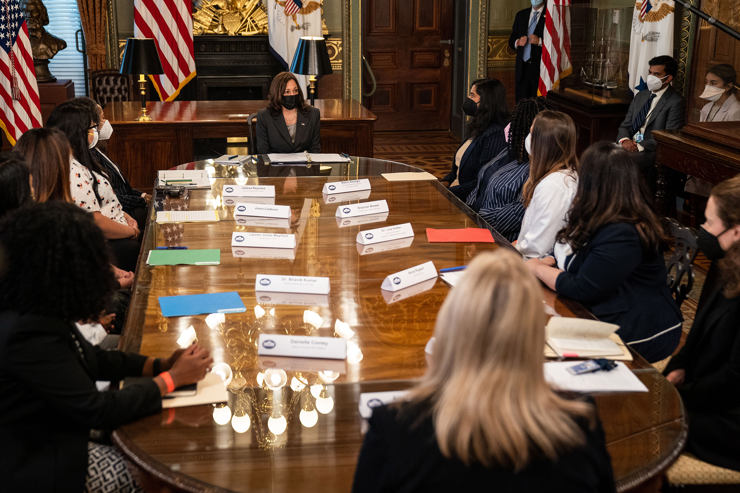Vice President Kamala Harris meets with abortion and reproductive health providers and patients to discuss the impact of Texas Senate Bill 8 and other restrictions on reproductive care at the White House in Washington, D.C., on Sept. 9, 2021.