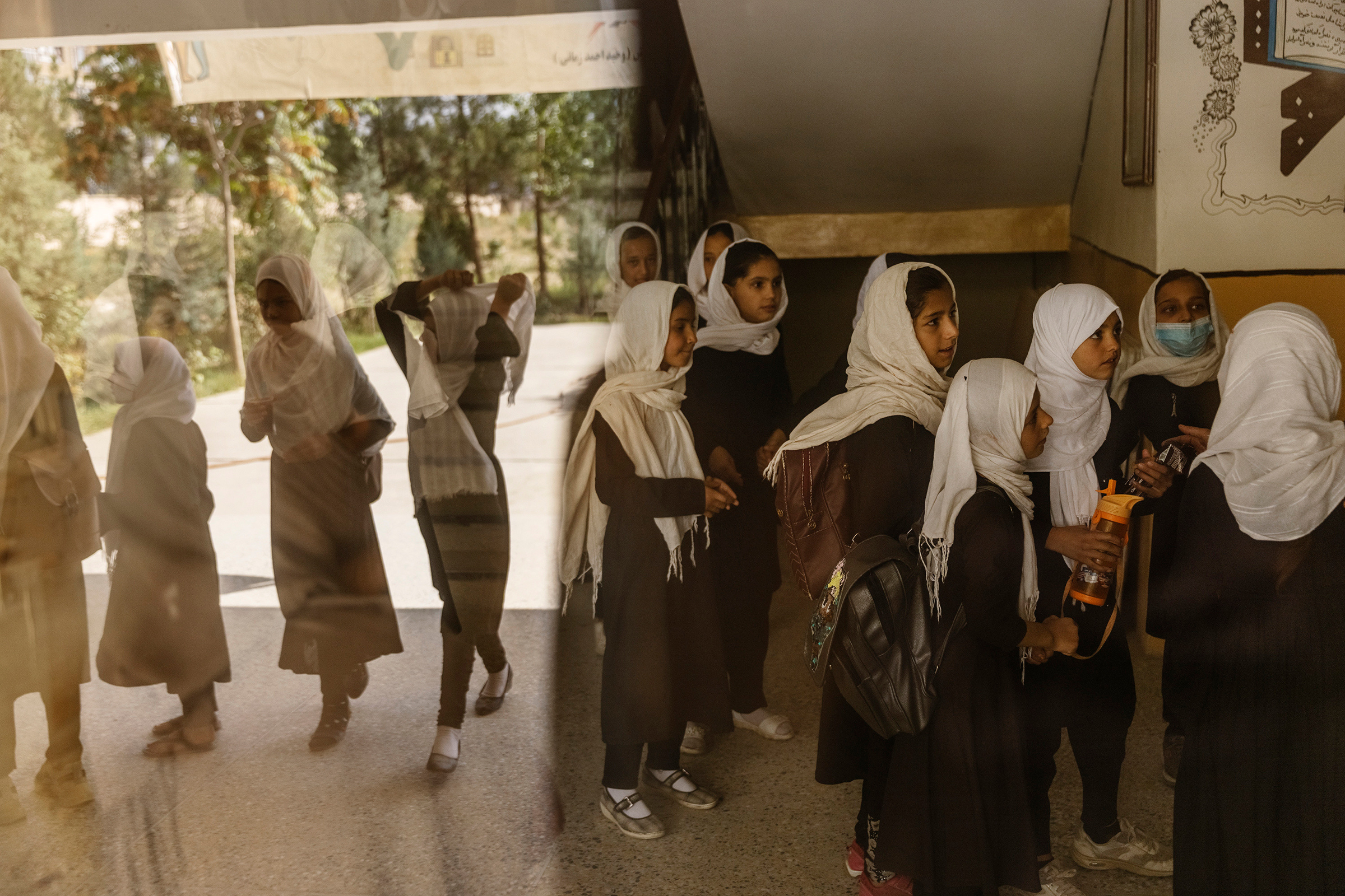 Girls wait to go to class at a school in Kabul on Sept. 15, 2021.
