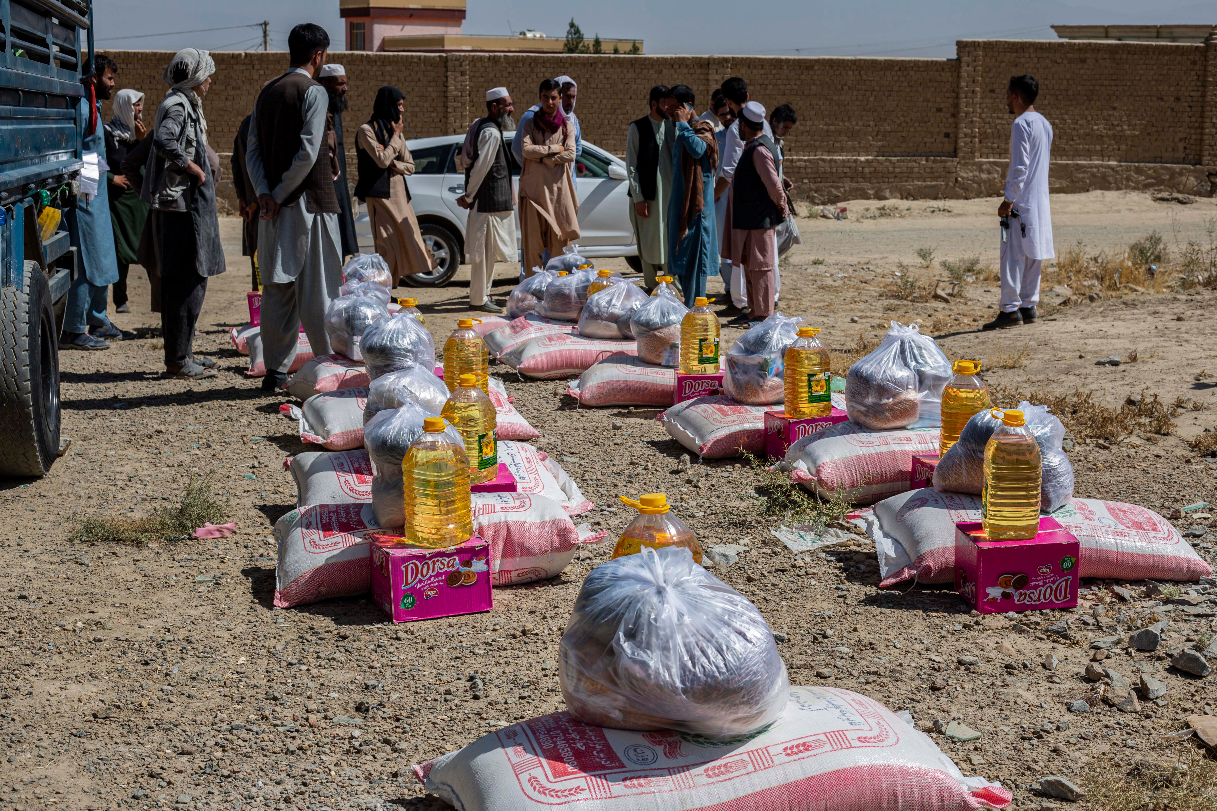 Aseel workers convene at Logar province, Afghanistan, for the distribution of food and medicines on Oct. 2, 2021 (Courtesy Aseel)