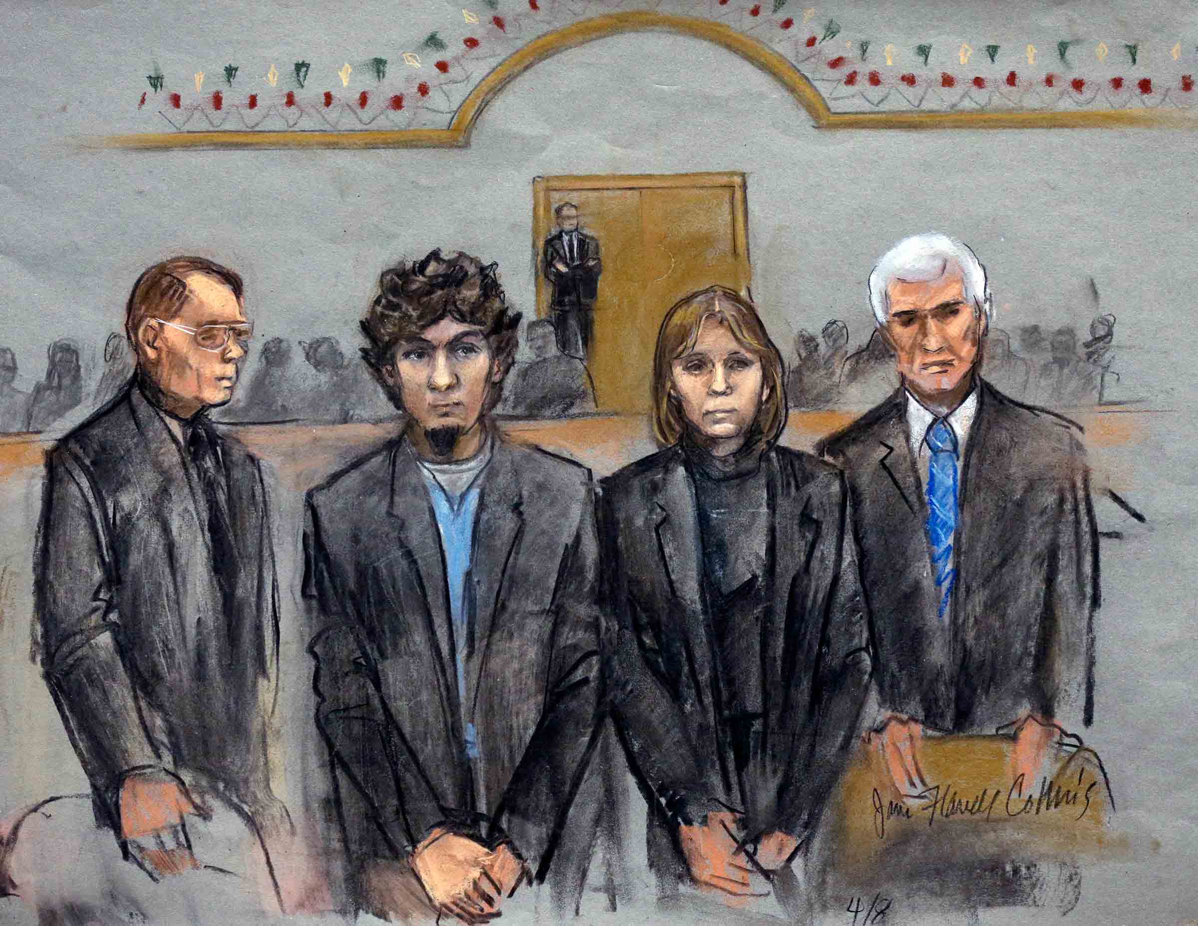 Courtroom sketch of Dzhokhar Tsarnaev, second from left standing with his defense attorneys William Fick, left, Judy Clarke, second from right, and David Bruck, right, as the jury presents its verdict in his federal death penalty trial Wednesday, April 8, 2015, in Boston (Jane Flavell Collins—AP)
