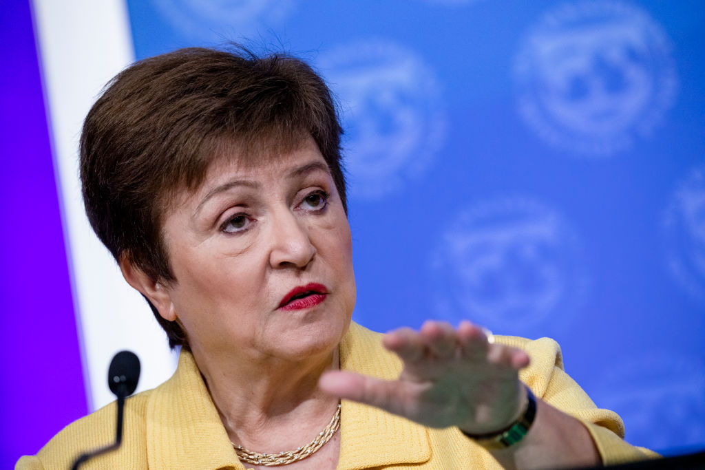 WASHINGTON, DC - MARCH 04: IMF Managing Director Kristalina Georgieva speaks during a joint press conference with World Bank Group President David Malpass on the recent developments of the coronavirus, COVID-19, and the organizations' responses on March 4, 2020 in Washington, DC. It was announced yesterday that the Annual Spring Meetings held by the IMF and World Bank in Washington, DC have been changed to virtual meetings due to concerns about COVID-19. (Samuel Corum/Getty Images)