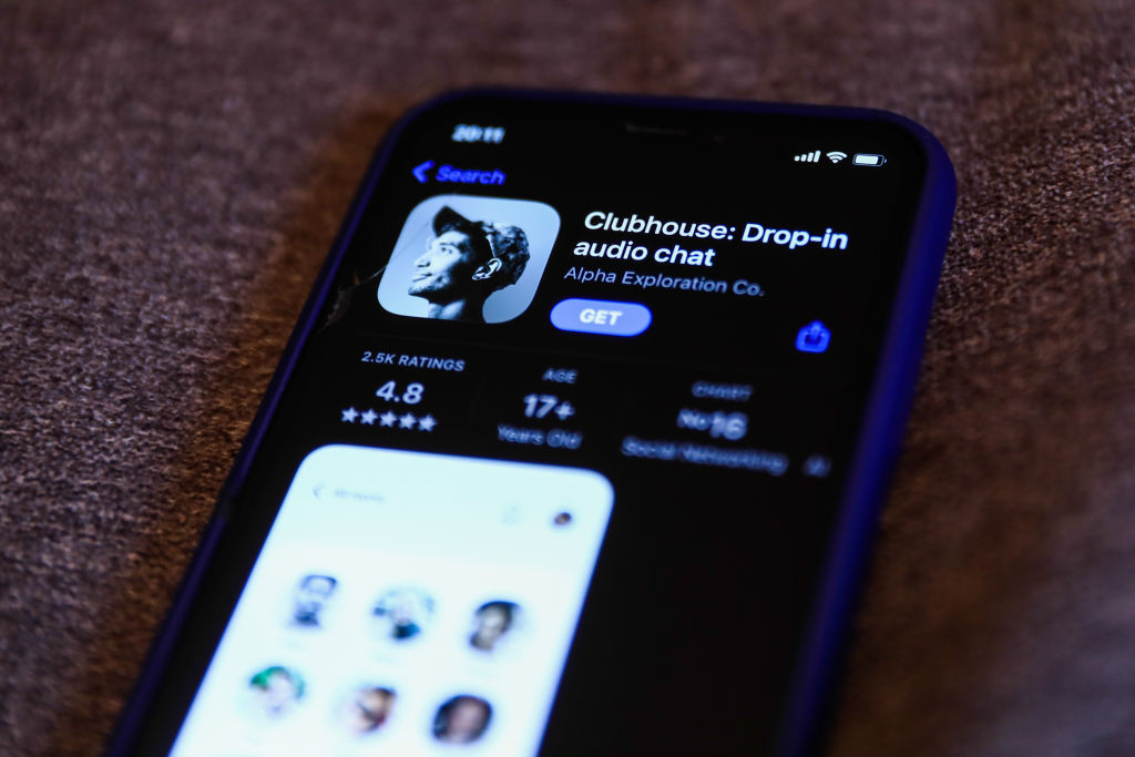The Clubhouse Drop-in audio chat app logo on the App Store is seen displayed on a phone screen in this illustration photo taken in Krakow, Poland on April 6, 2021. (NurPhoto via Getty Images—Jakub Porzycki/NurPhoto)