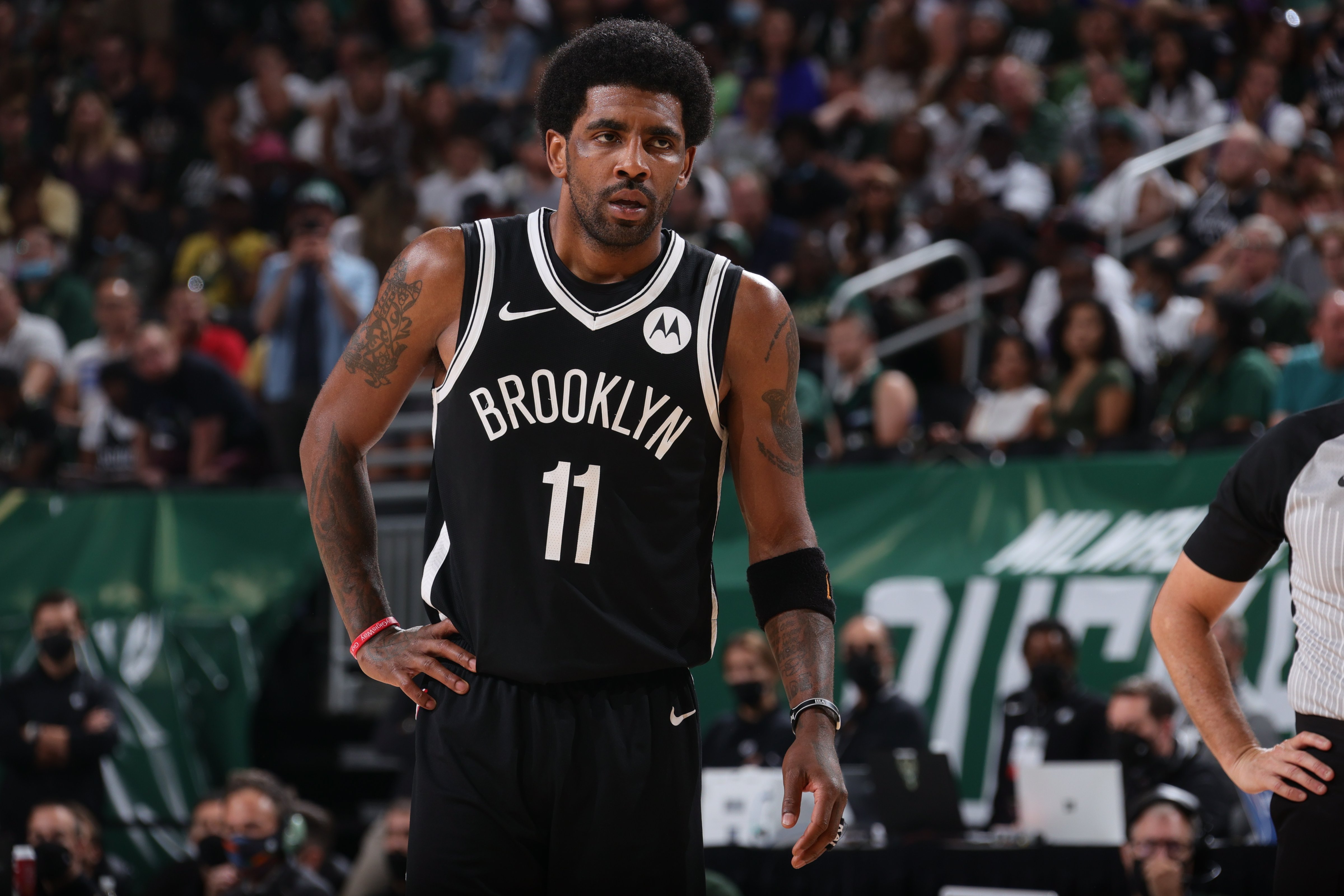 Kyrie Irving #11 of the Brooklyn Nets looks on during Round 2, Game 4 of the 2021 NBA Playoffs on June 13 2021 at the Fiserv Forum Center in Milwaukee, Wisconsin. (NBAE via Getty Images&mdash;2021 NBAE)
