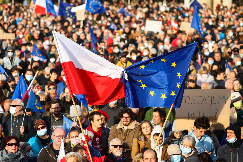 Thousands attend a pro-EU demonstration at the Main Square in Krakow, Poland on Oct. 10, 2021 (Beata Zawrzel—NurPhoto via Getty Images)