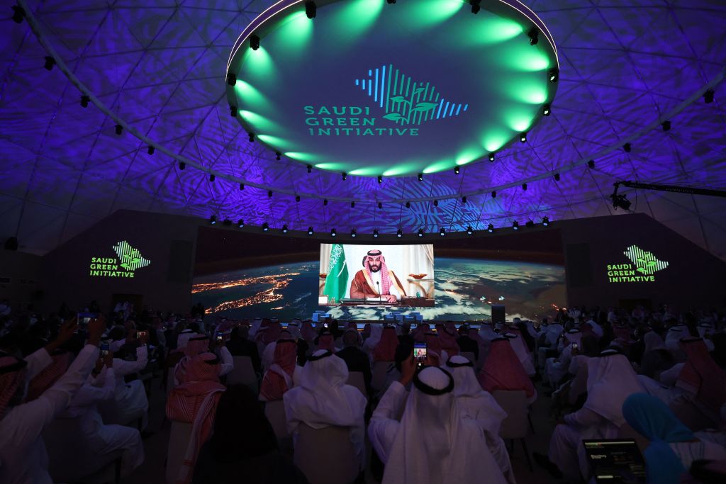 Saudi Crown Prince Mohammed bin Salman delivers a speech during the opening ceremony of the Saudi Green Initiative forum on October 23, 2021, in the Saudi capital Riyadh. (FAYEZ NURELDINE—AFP/Getty Images)