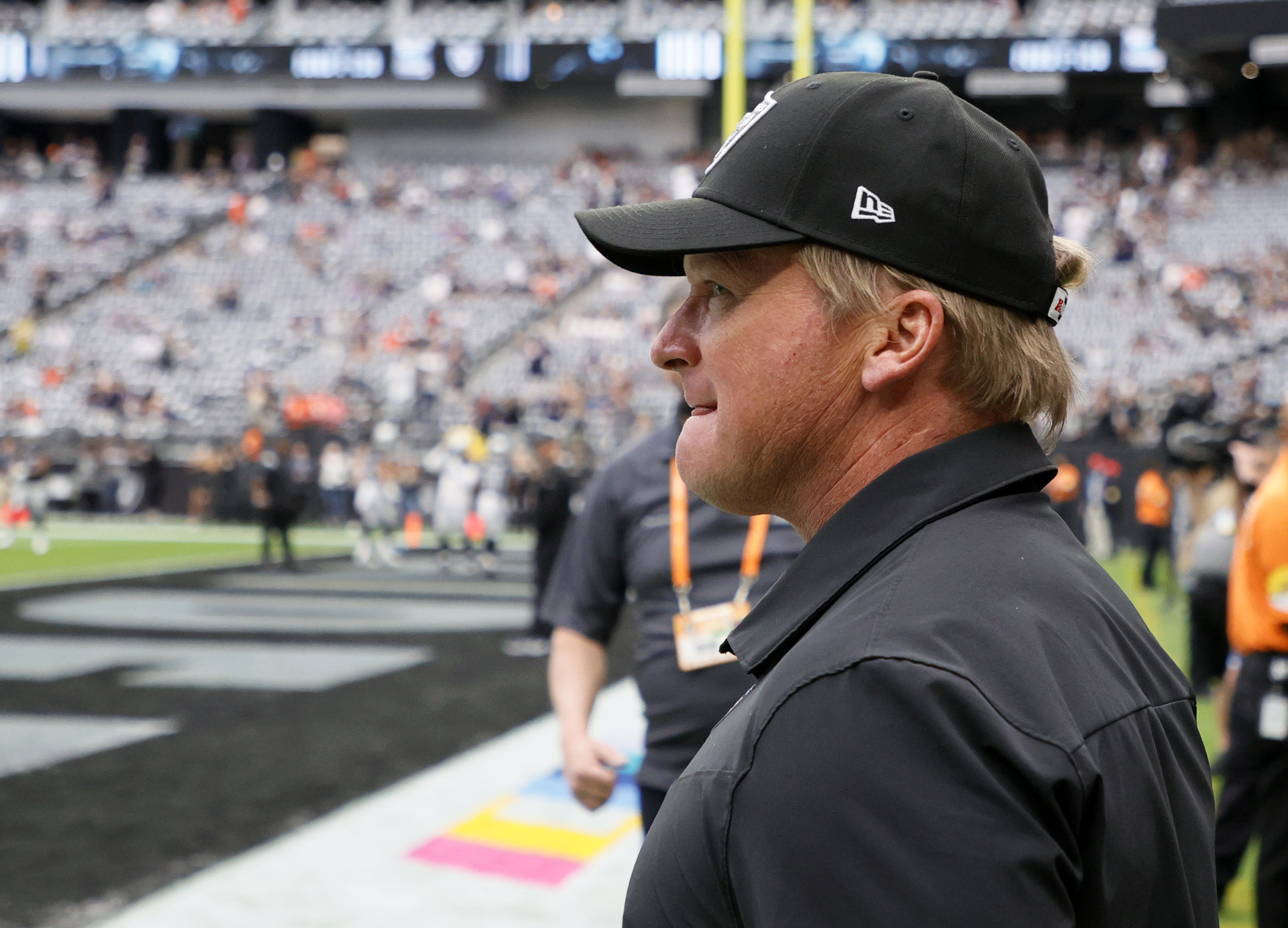 Jon Gruden of the Las Vegas Raiders walks on the field before a game against the Chicago Bears at Allegiant Stadium on October 10, 2021 in Las Vegas, Nevada. The Bears defeated the Raiders 20-9. (Getty Images&mdash;2021 Getty Images)
