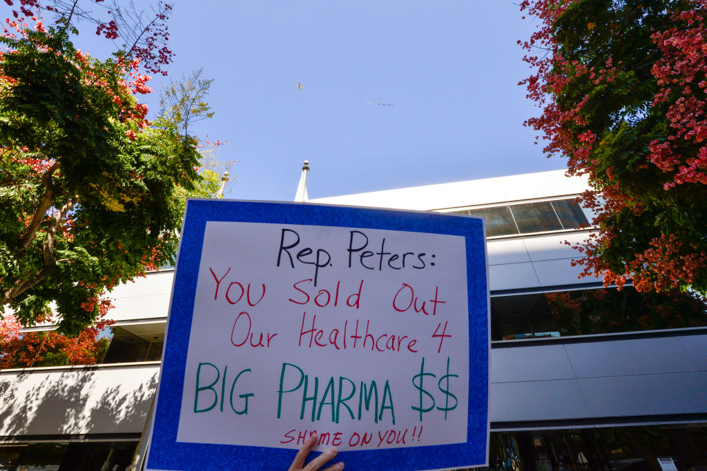 Protect Our Care Flies a plane banner over San Diego urging Rep. Scott Peters to support lowering drug prices on Oct. 14. (Jerod Harris—Getty Images/Protect Our Care)