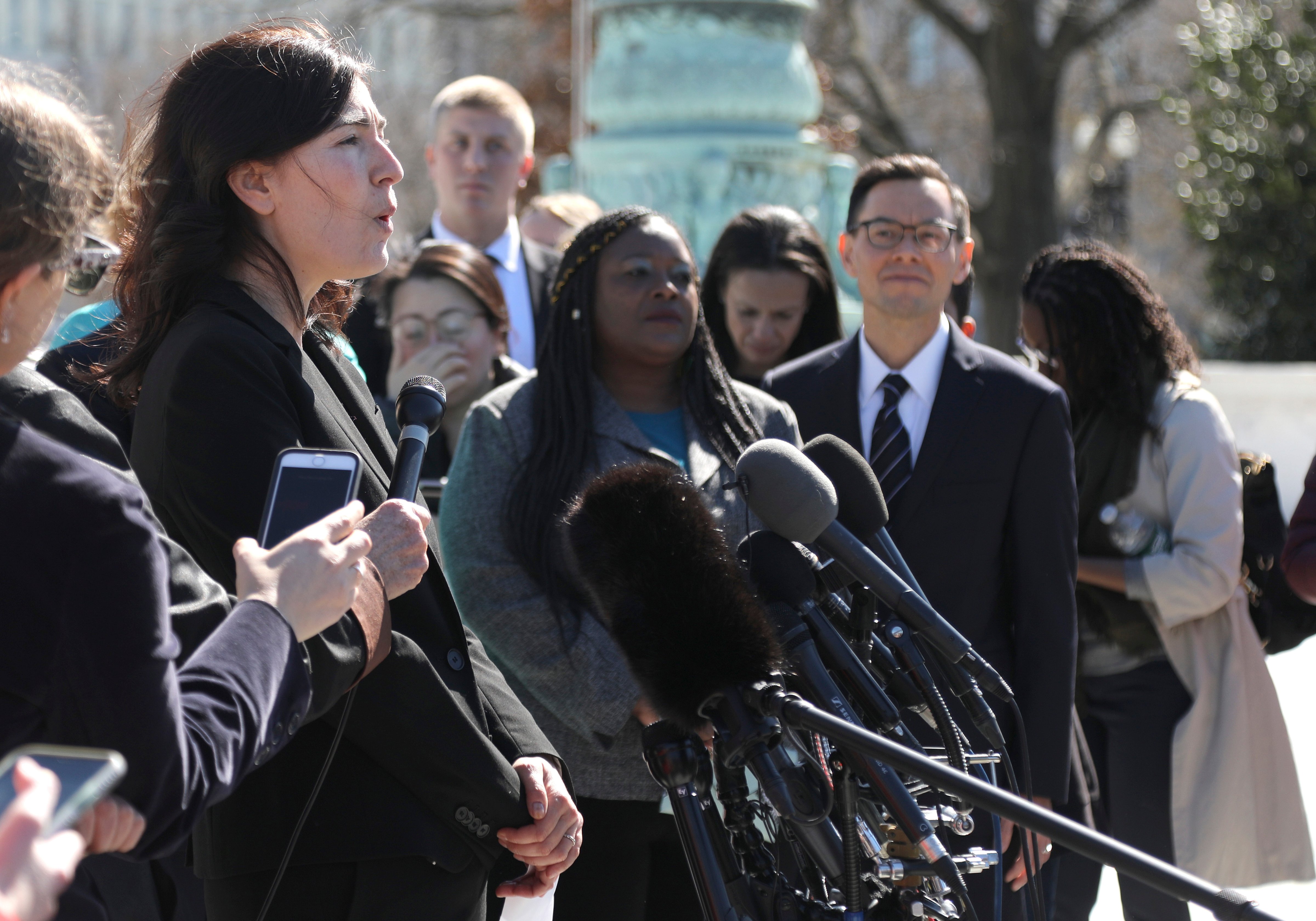 Rikelman speaks to abortion rights supporters after the U.S. Supreme Court heard oral arguments on March 4, 2020 (Alyssa Schukar—Center for Reproductive Rights/AP)