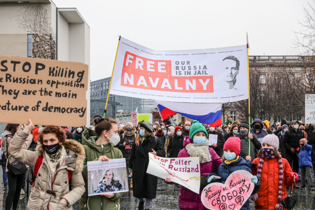 Some 2500 supporters of Russian opposition politician Alexei Navalny march in protest to demand his release from prison in Moscow on Jan. 23, 2021 in Berlin, Germany. (Omer Messinger—Getty Images)