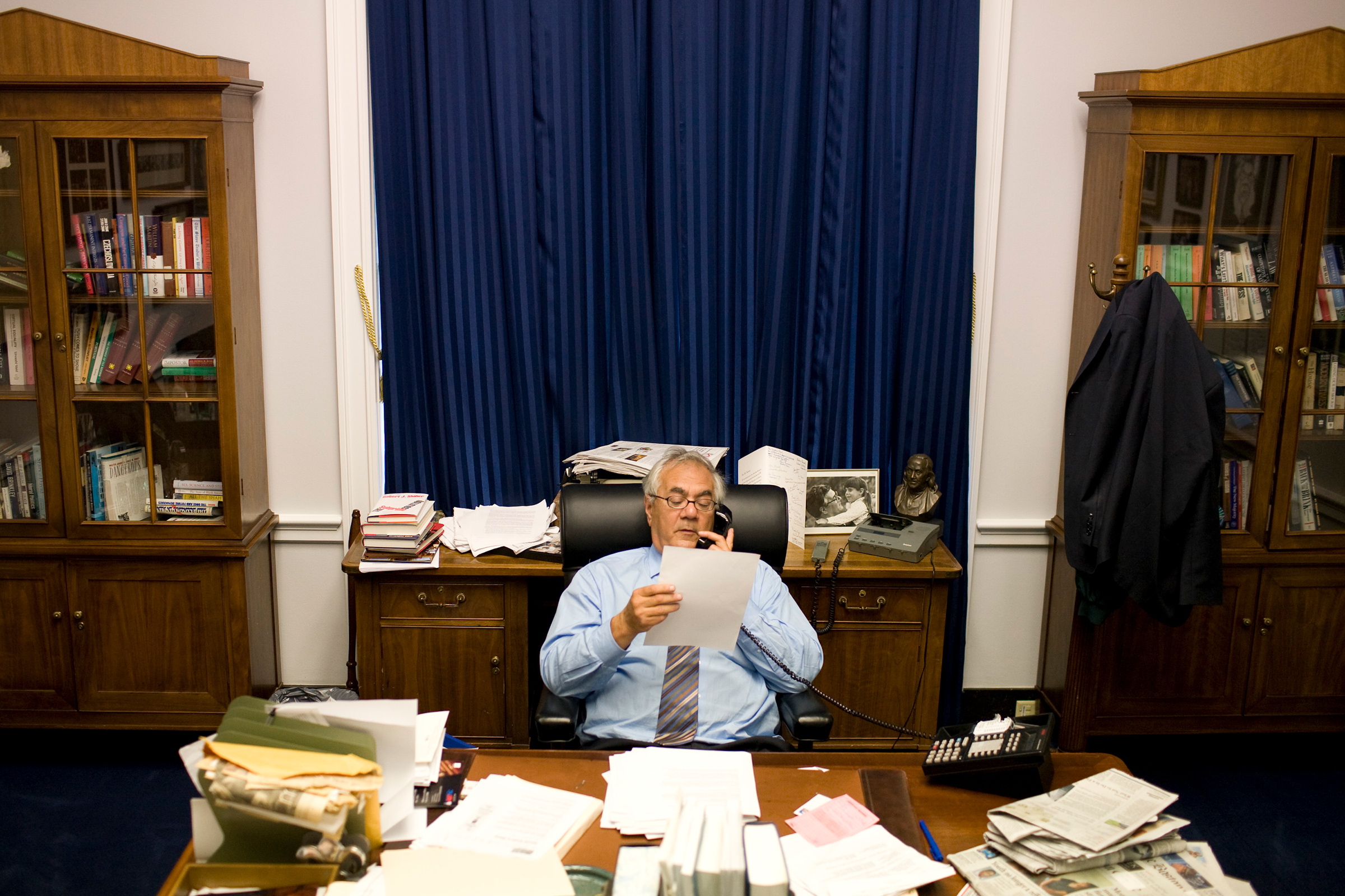 Frank, then chairman of the House Committee on Financial Services, talks on the phone while at work in his office on Capitol Hill in Washington, Sept. 19, 2008.