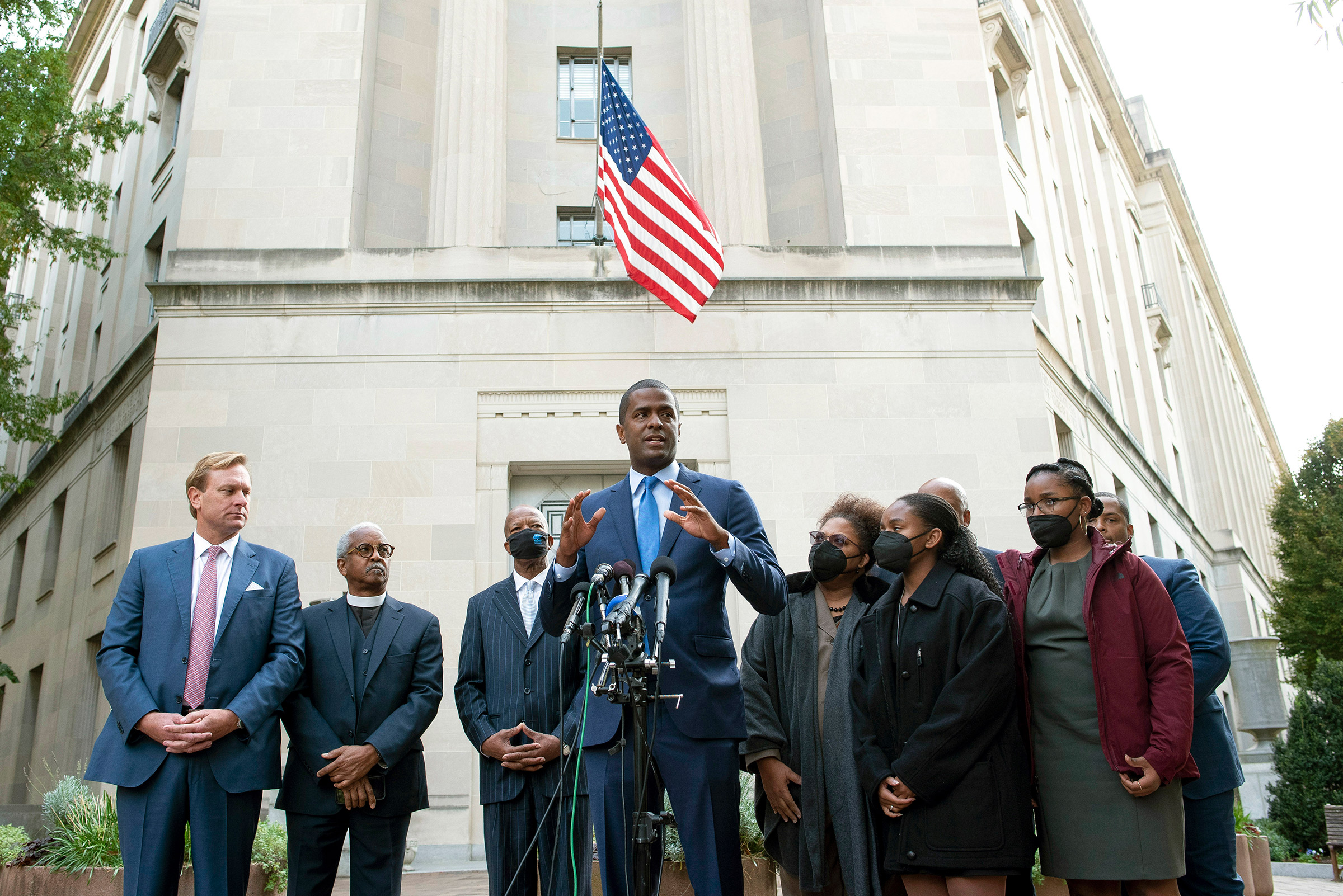 Bakari Sellers, the attorney for the families of victims killed in the 2015 Mother Emanuel AME Church massacre, speaks with reporters outside the Justice Department in Washington on Thursday, Oct. 28, 2021. (Cliff Owen—AP)