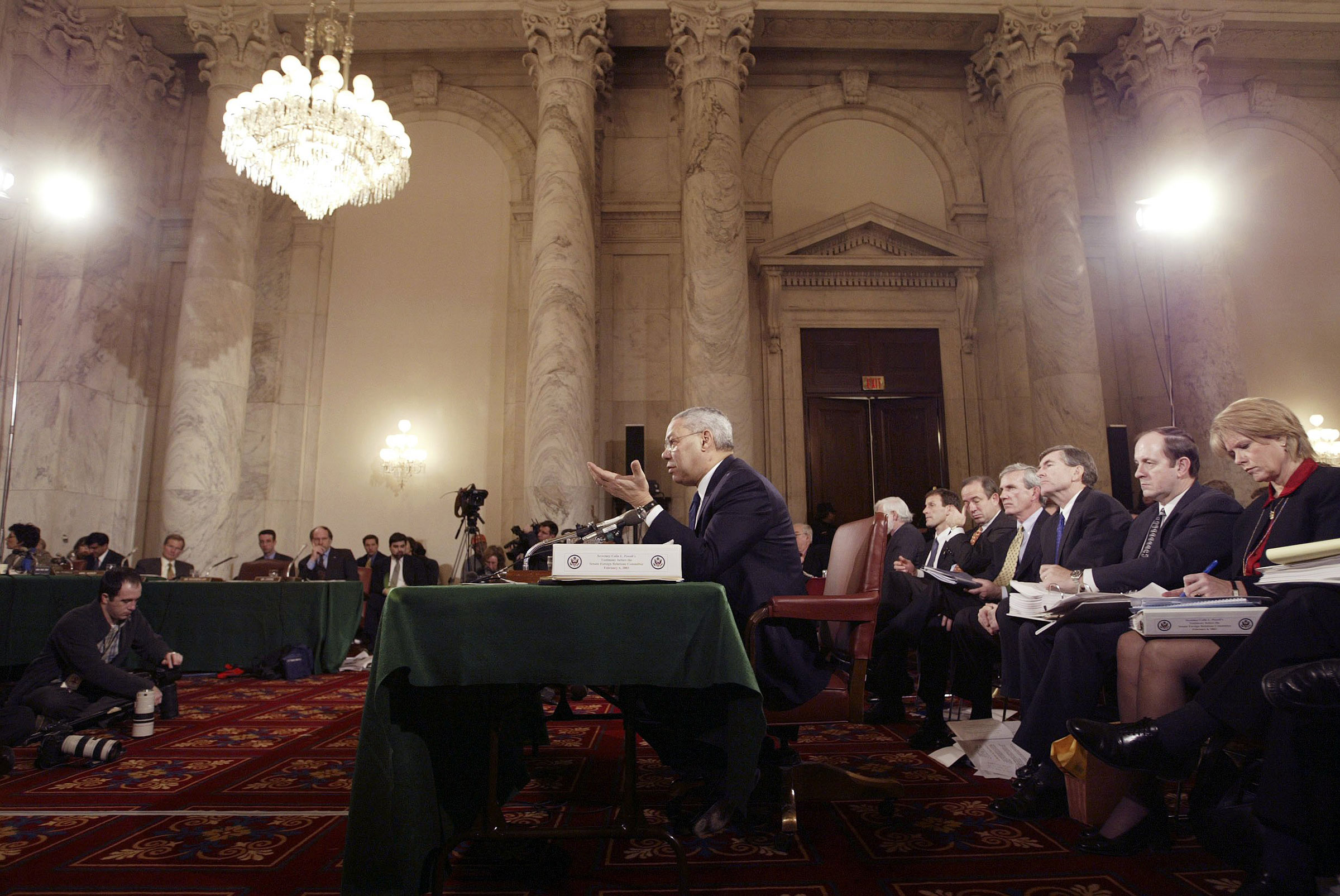 Secretary of State Colin Powell, who was seeking congressional support for a possible war against Iraq, testifies before the Senate Foreign Relations Committee, on Feb. 6, 2003.