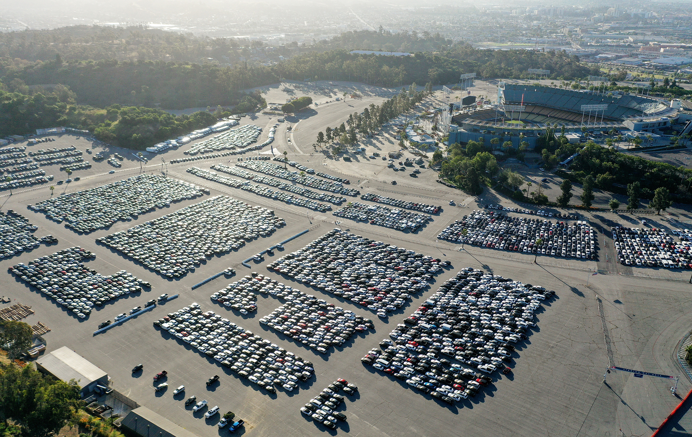 An aerial view of rental cars parked at Dodger Stadium in Los Angeles on May 20, 2020.