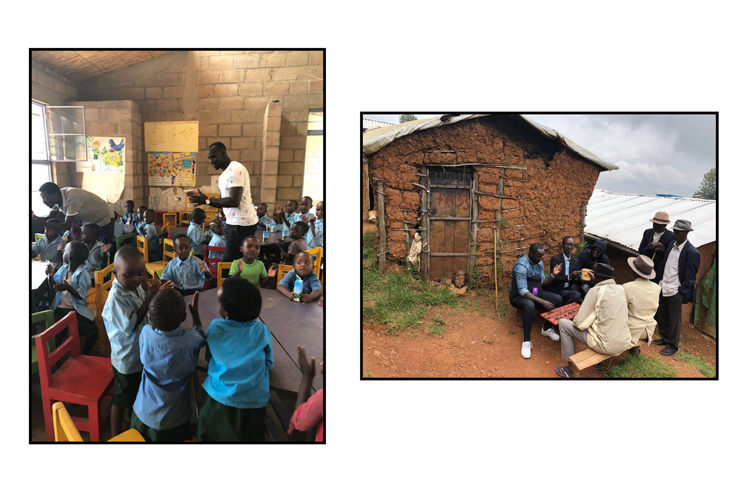 Left: The author visiting Nyabiheke primary school. Right: Playing mancala with community members in Gihembe. (Courtesy of the Author)