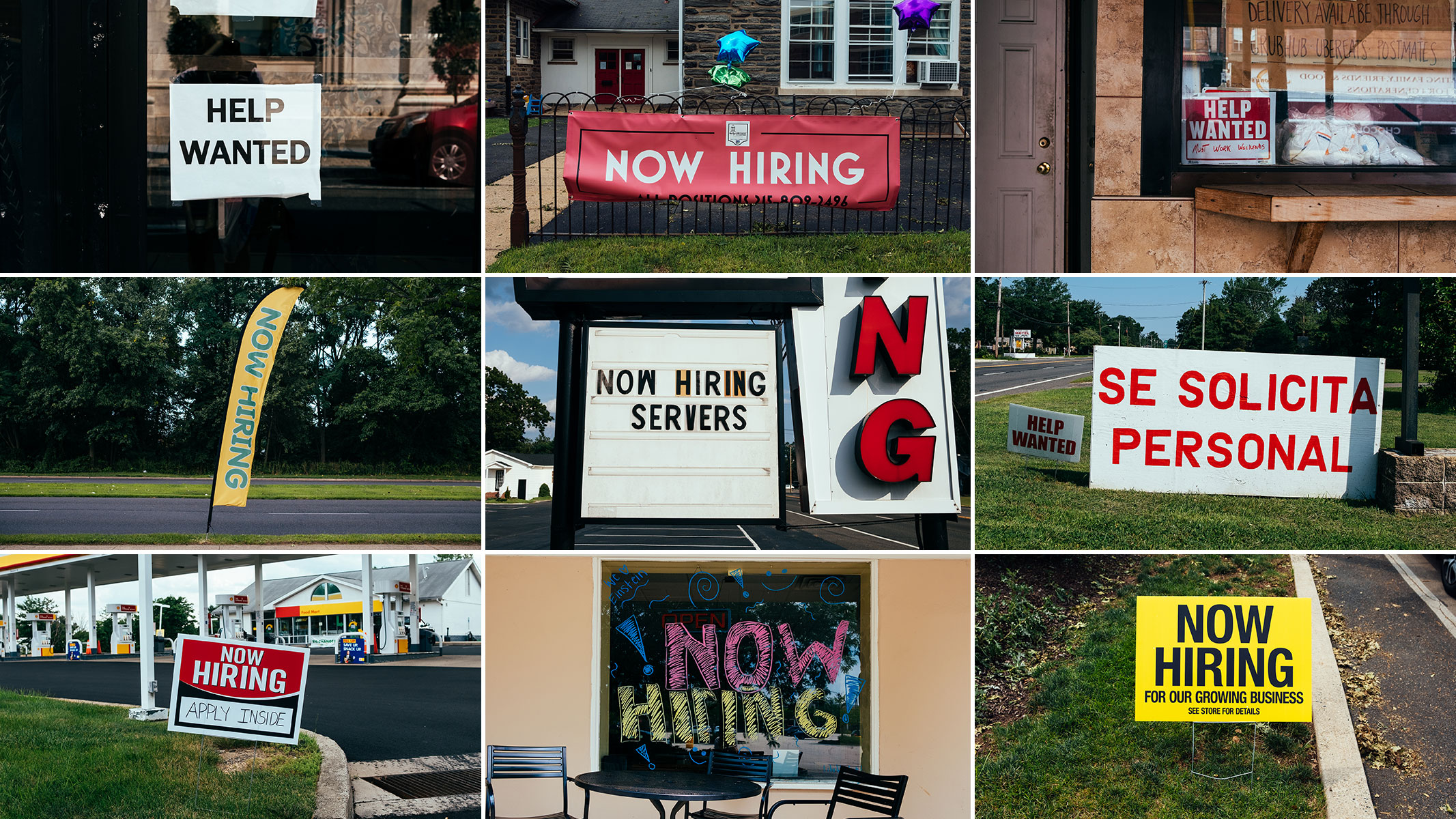 Over 10 million jobs are unfilled in the U.S.; signs like these, seen in New Jersey and Pennsylvania, paper the country. (Michelle Gustafson)