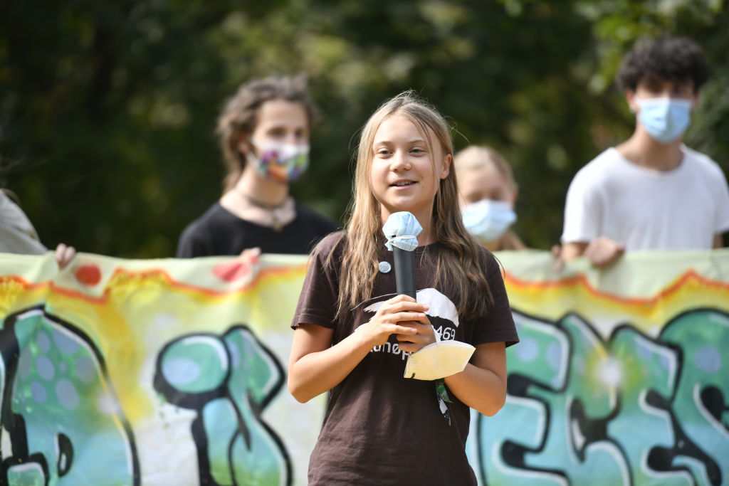 Greta Thunberg speaks during the climate strike march on Oct. 1, 2021 in Milan, Italy. (Stefano Guidi—Getty Images)