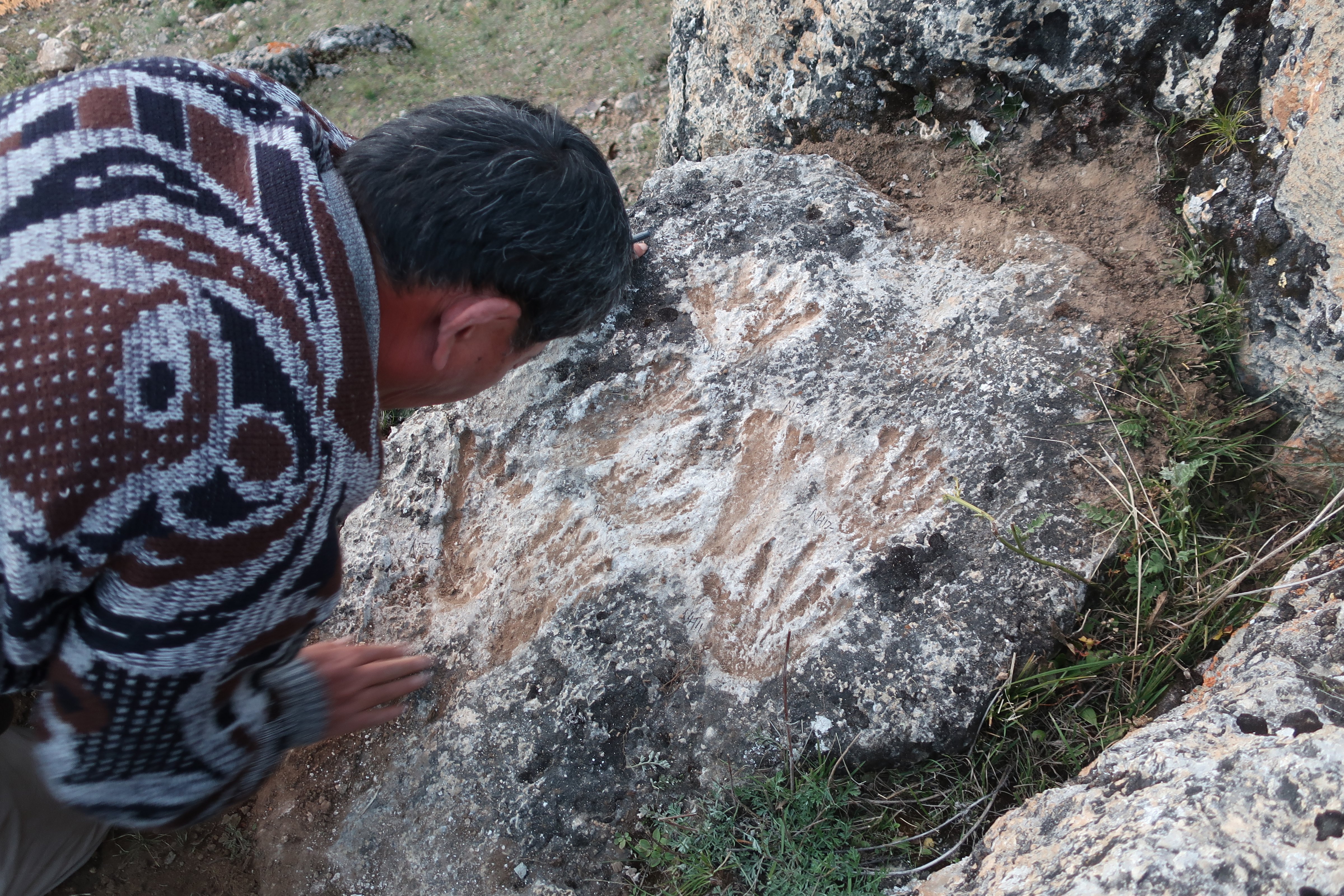 Dr. David Zhang, a scientist from Guangzhou University in China, examines the footprints and handprints on the travertine rock in Quesang, Tibet. These impressions are thought to be the world's oldest parietal art. (Courtesy Dr. David Zhang)