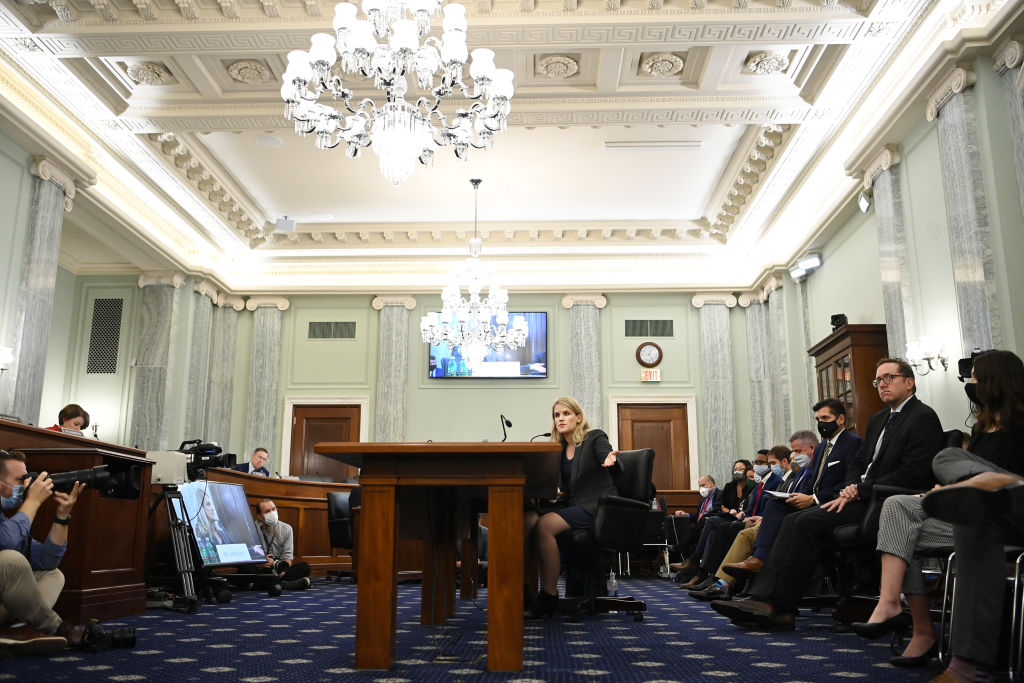Frances Haugen, Facebook whistleblower, speaks during a Senate Commerce, Science and Transportation Subcommittee hearing in Washington, D.C., U.S., on Tuesday, Oct. 5, 2021. (Matt McClain/The Washington Post/Bloomberg—Getty Images)