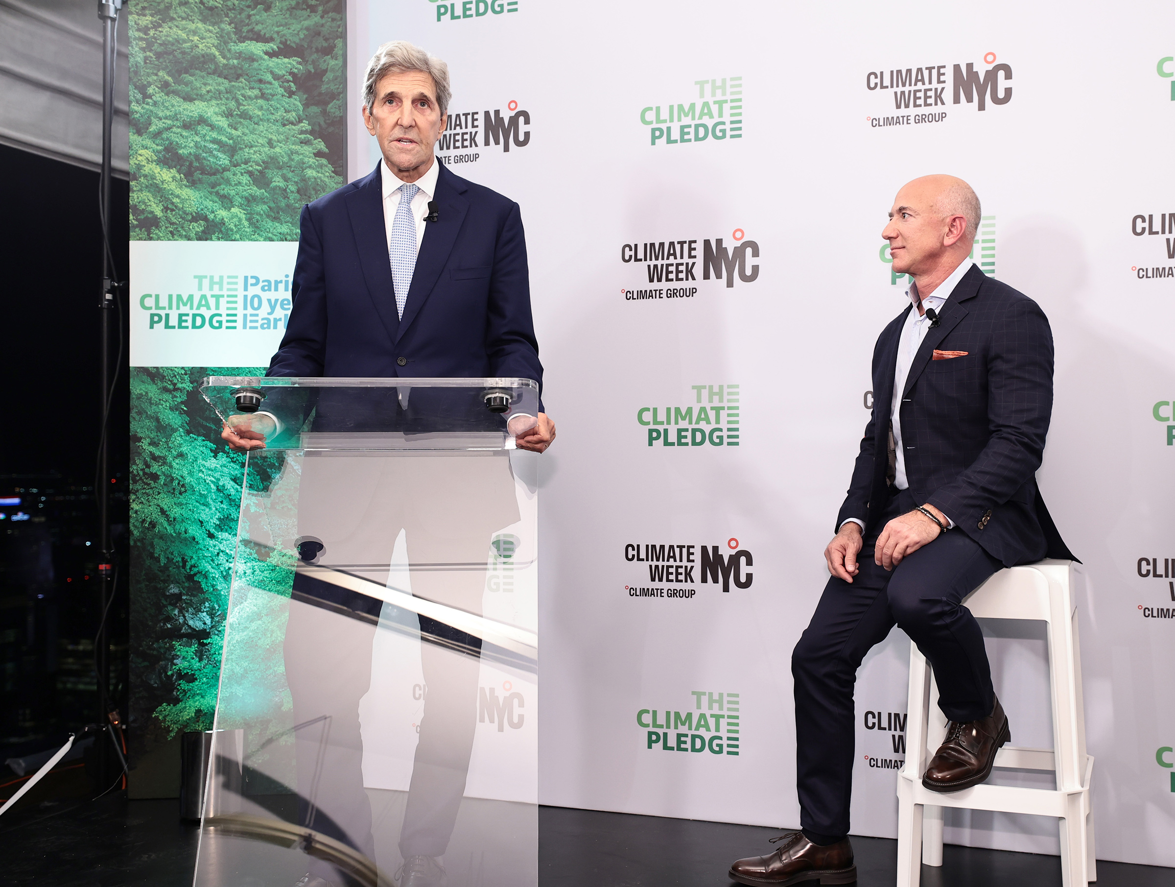 Kerry with Amazon founder Jeff Bezos (Dimitrios Kambouris—Bezos Earth Fund/Getty Images)
