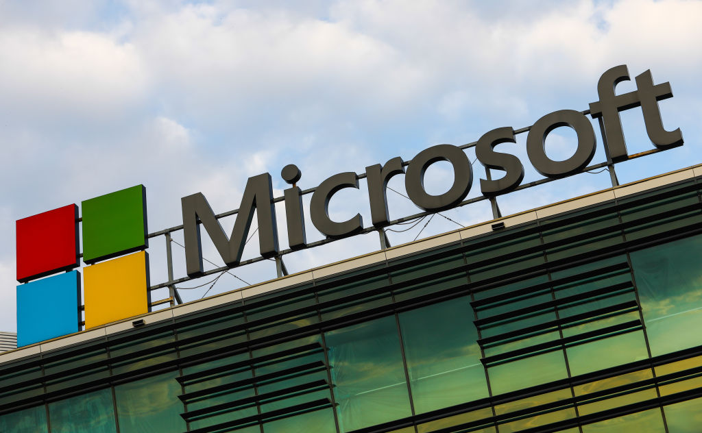 Microsoft logo is seen on the office building in Warsaw, Poland on July 29, 2021. (Jakub Porzycki—NurPhoto/Getty Images)