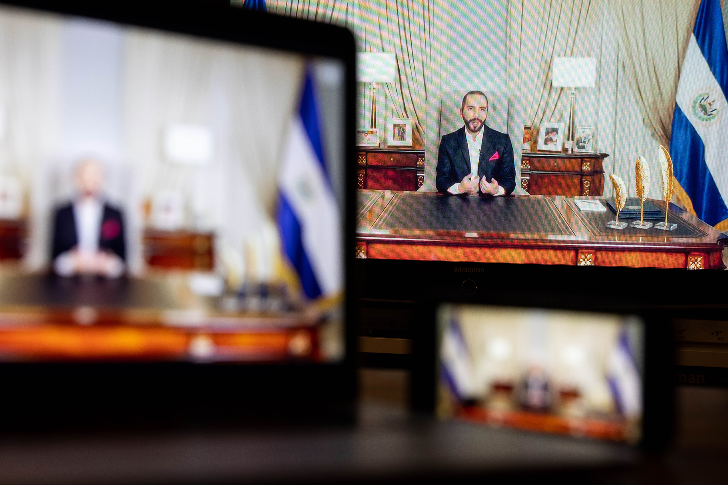 Nayib Bukele, El Salvador's president, speaks in a prerecorded video during the United Nations General Assembly via live stream in New York on Sept. 23, 2021.