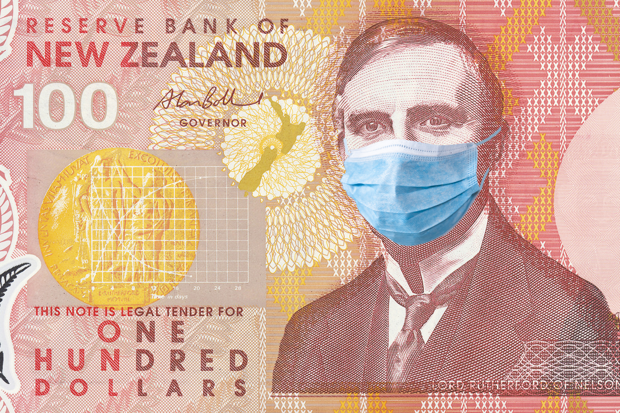New Zealand quarantine, 100 dollar banknote with medical mask. The concept of epidemic and protection against coronavrius.