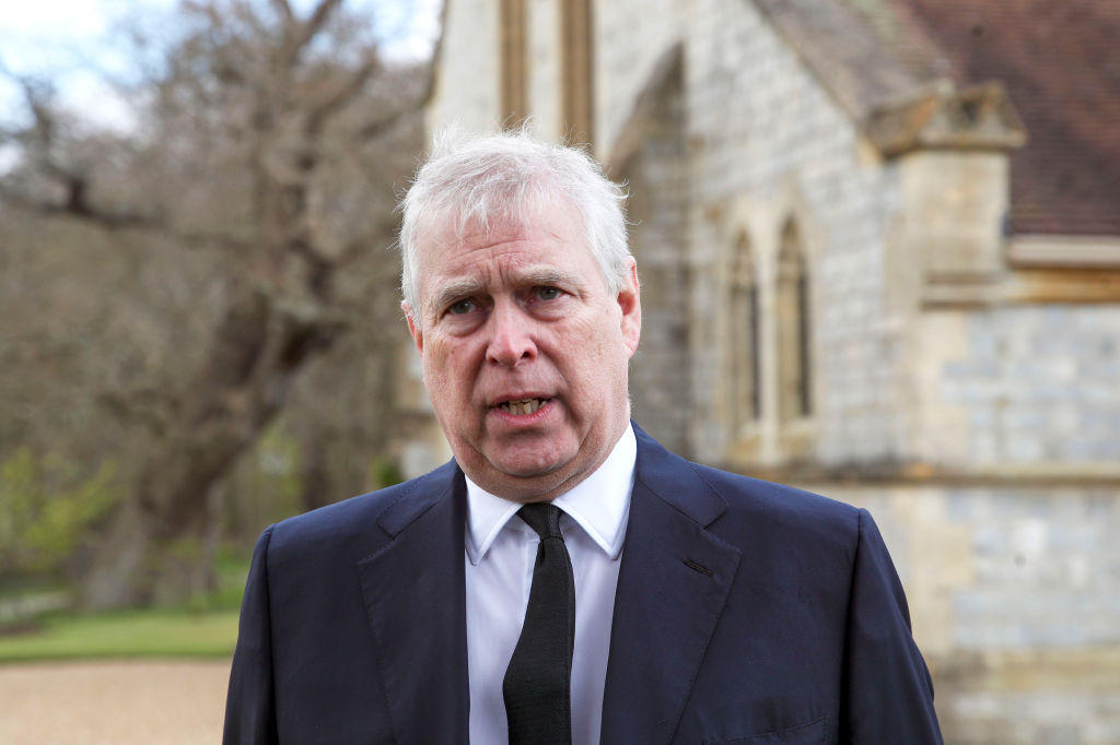 Prince Andrew, Duke of York, attends the Sunday Service on April 11 2021 at the Royal Chapel of All Saints, Windsor, following the announcement two days earlier of the death of his father, Prince Philip, Duke of Edinburgh. (Steve Parsons—WPA Pool/Getty Images)