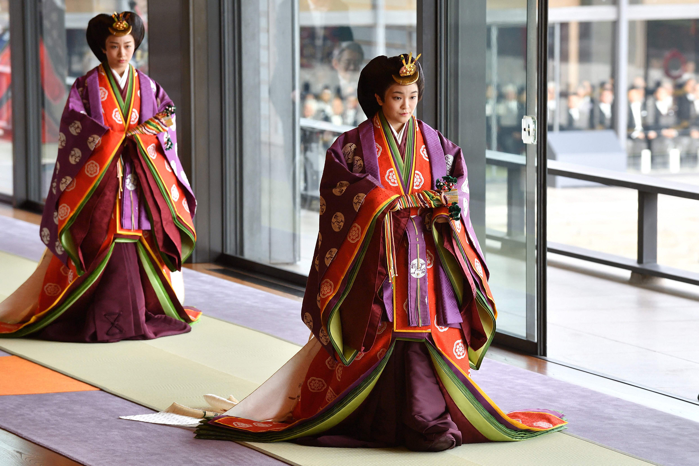 Princess Mako, right, attends the enthronement ceremony where Emperor Naruhito officially proclaimed his ascension to the Chrysanthemum Throne, at the Imperial Palace, Tokyo, in Oct. 2019.
