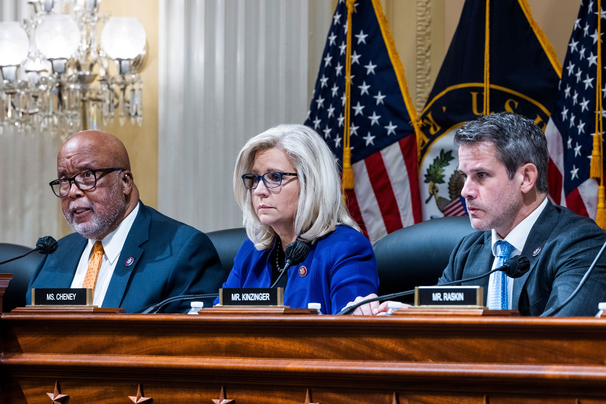 Democratic Representative from Mississippi Bennie Thompson (L), Republican Representative from Wyoming Liz Cheney (C), and Republican Representative from Illinois Adam Kinzinger (R), along with members of the House select committee investigating the January 6 attack, prepare to recommend citing Steve Bannon for criminal contempt of Congress and refer him to DC's United States Attorney for prosecution in the Washington, DC, Oct. 19, 2021. (Jim Lo Scalzo—EPA/EFE/Shutterstock)