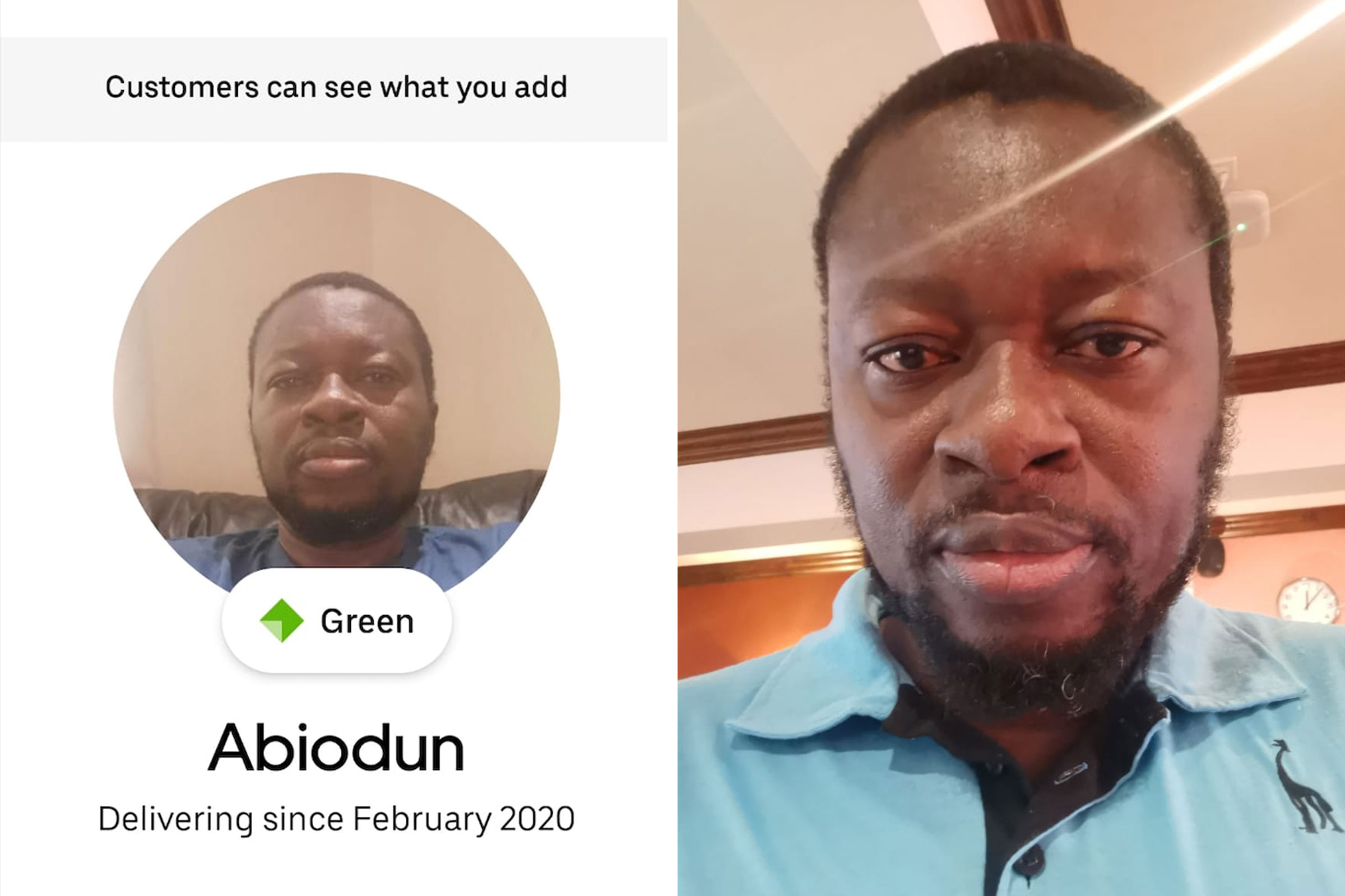 Uber Eats delivery driver Abiodun Ogunyemi says his account was suspended after Uber's facial recognition software failed to verify his photo. (Courtesy)