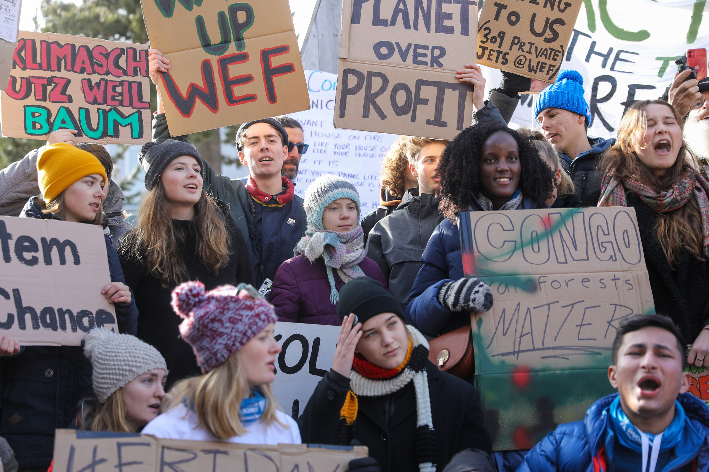 Nakate and other climate activists, including Greta Thunberg, Isabelle Axelsson and Luisa Neubauer, demonstrate during the World Economic Forum in Davos, Switzerland on Jan. 24, 2020.
