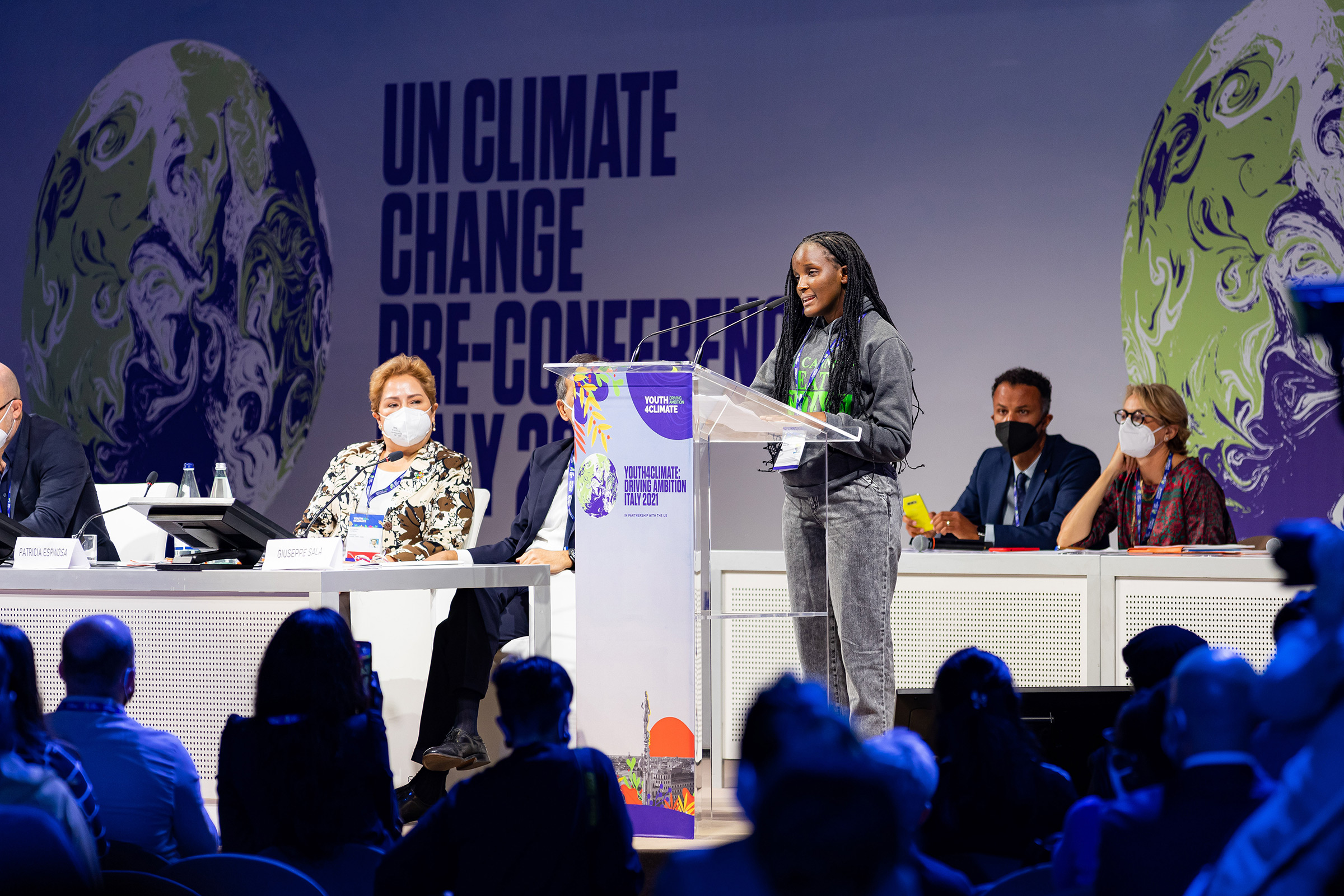 Vanessa Nakate speaks at the Youth4Climate Pre-COP26 Event in Milan on Sept. 28.