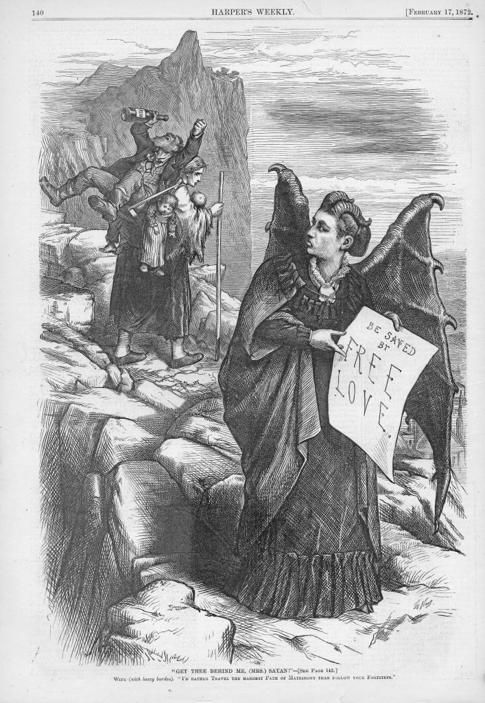 Black and white print illustrated by Thomas Nast, and published in Harper's Weekly, circa 1872, depicting suffragist Victoria Woodhull as a winged 'Mrs Satan,' holding a scroll proclaiming "be saved by Free Love." (Ken Florey Suffrage Collection/Gado—Getty Images)