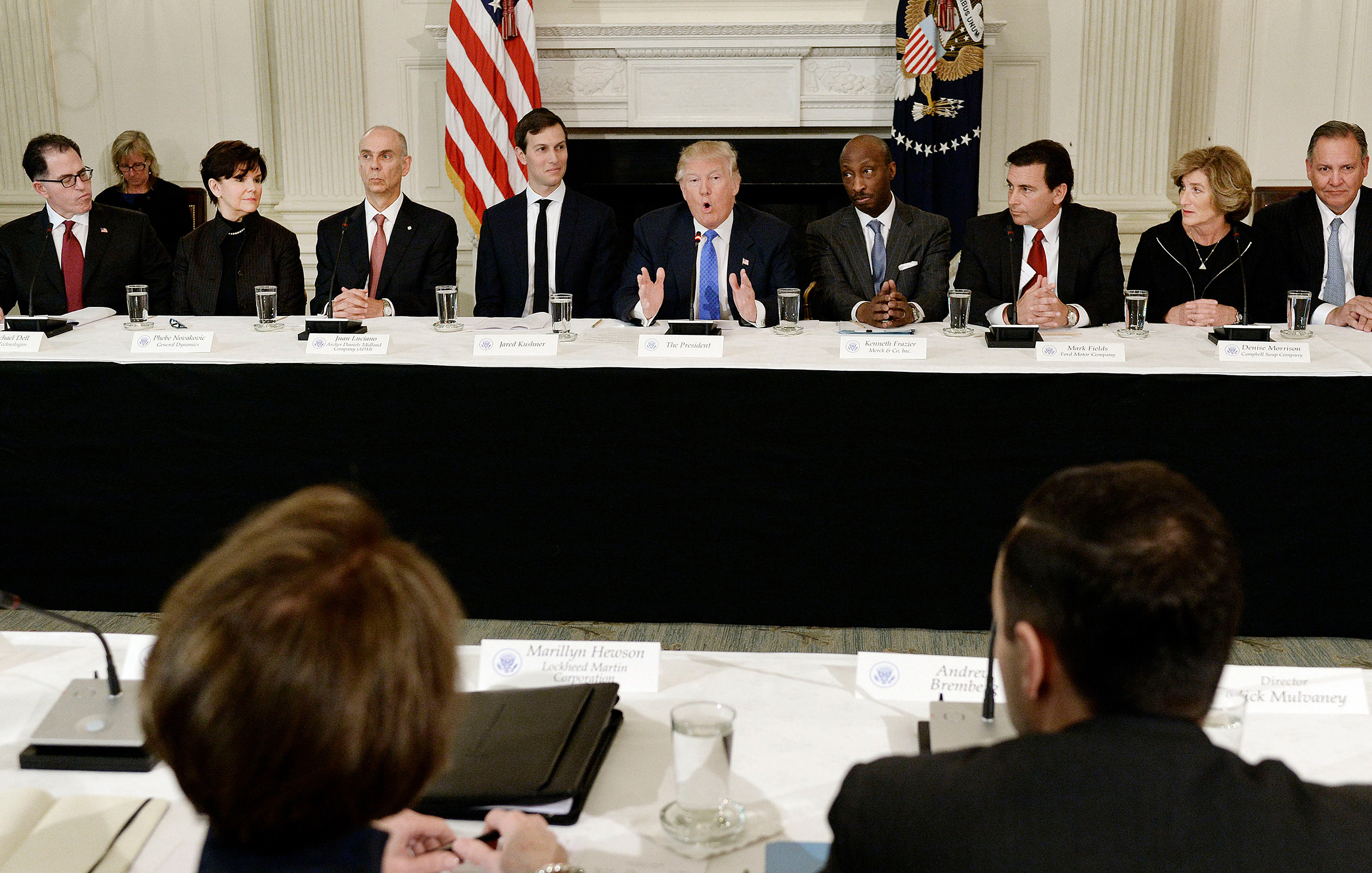 A business council convened by Trump, pictured in February 2017, broke up within months. From left: Michael Dell, Dell; Phebe Novakovic, General Dynamics; Juan Luciano, Archer Daniels Midland; Jared Kushner; Donald Trump; Kenneth Frazier, Merck; Mark Fields, Ford; Denise Morrison, Campbell Soup; Greg Hayes, United Technologies.