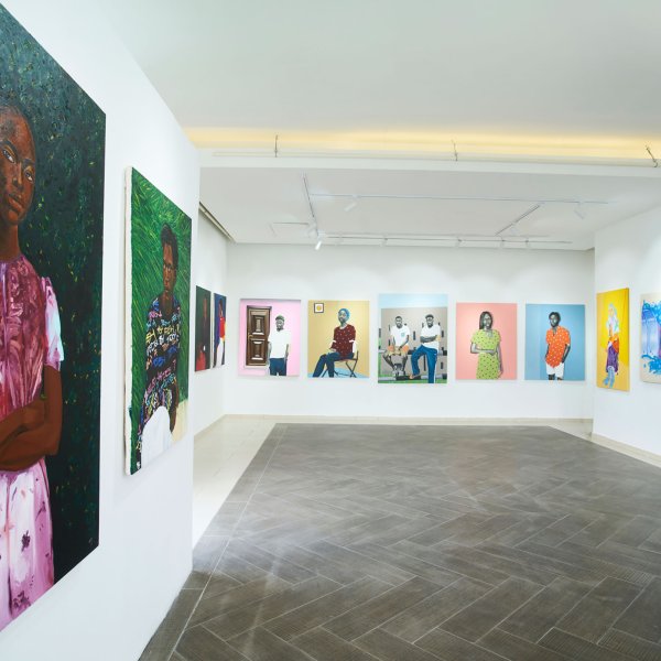 A room at ADA, a contemporary art gallery,  in Accra, showing works by Chukwudubem Ukaigwe, Matthew Eguavoen Imuetiyan and Emmanuel Amoo from the  I No Be Gentleman (at all o)  group exhibition.